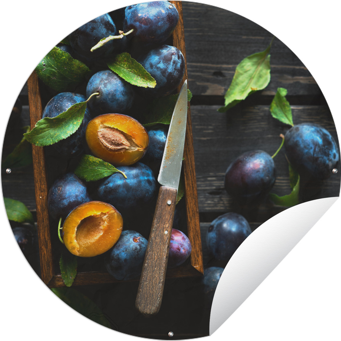 MuchoWow® Gartenposter Outdoor-Poster Rund Schöne schwarze Pflaumen in einer Holzkiste Ø 120 cm Gartendeko Rundes Poster draußen 144|349874520