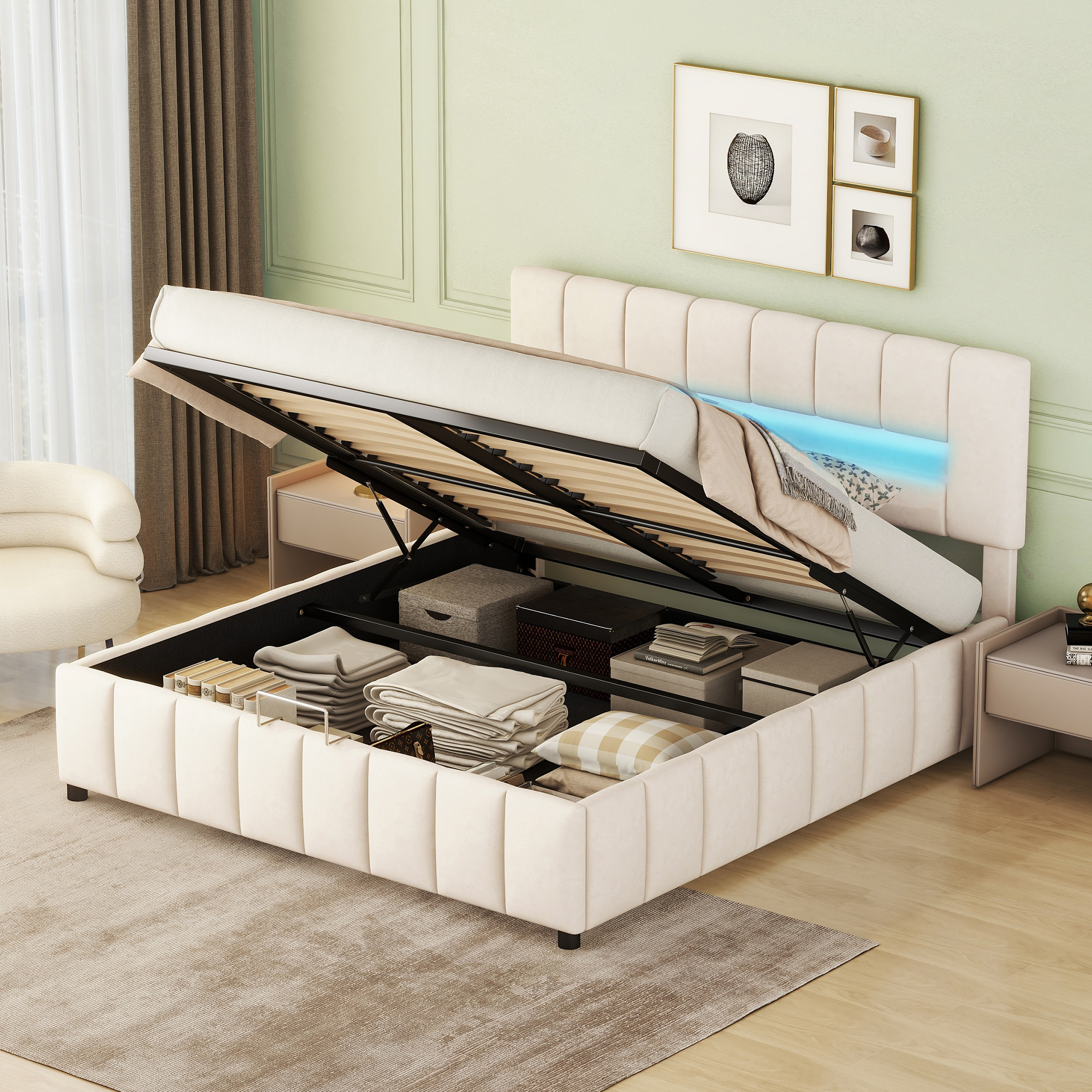 Merax Čalúnená posteľ 180x200 cm s LED osvetlením a úložným priestorom, hydraulická posteľ Boxspring, posteľ s rámom platformy Manželská posteľ s lamelovým rámom a zamatovým poťahom v béžovej farbe