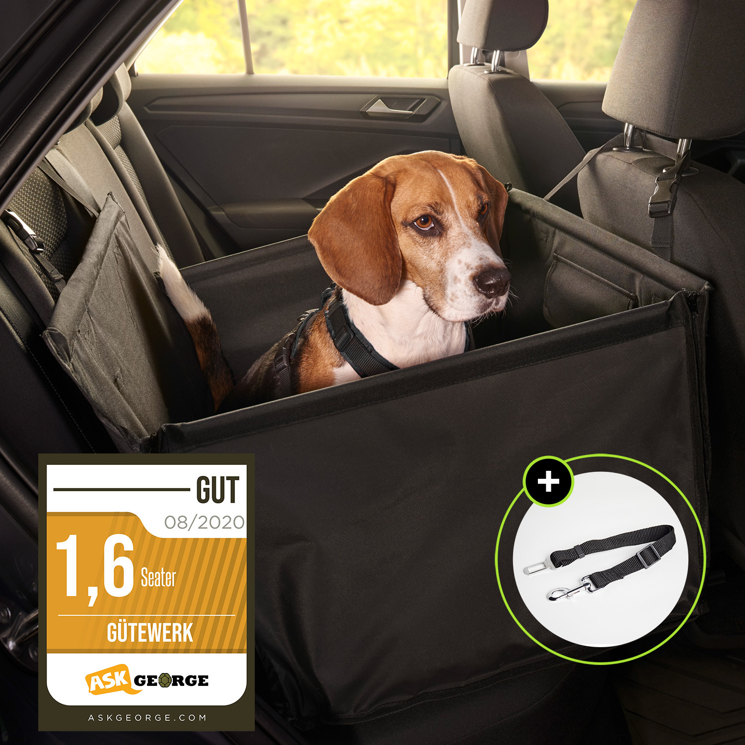 Gütewerk Hunde Zubehör, Hunde Autositz für Mittlere und Kleine Hunde, Stabiler Autositz Hund, Faltbarer Hundesitz Auto, Hundeautositz Mittelgroß mit Einstellbaren Gurten, Hundesitz für Auto-Rückbank dogseat1