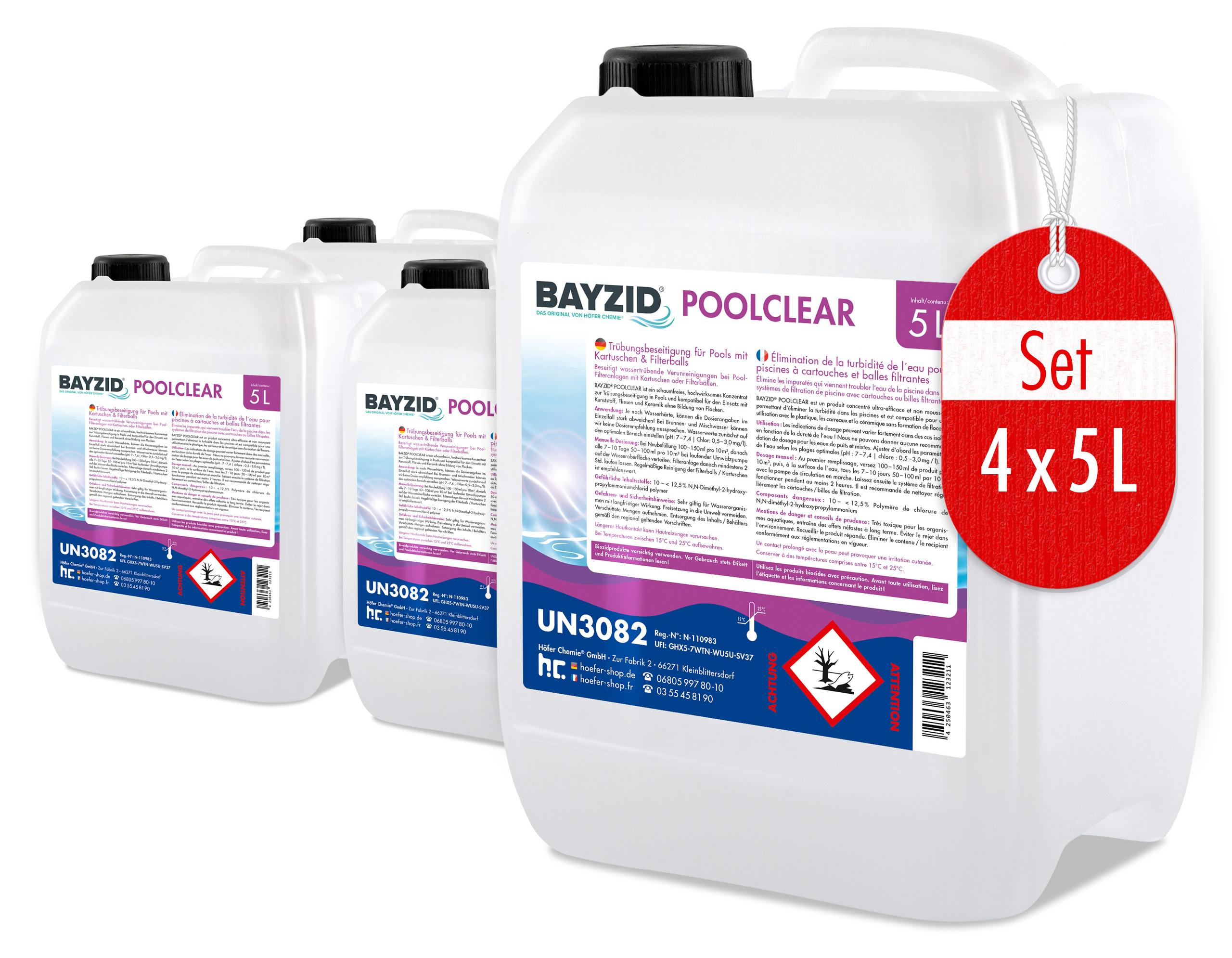 Höfer Chemie 4x5 L BAYZID® Poolclear Trübungsbeseitigung für Pool-Filter mit Kartuschen & Filterballs BAYZID Poolclear