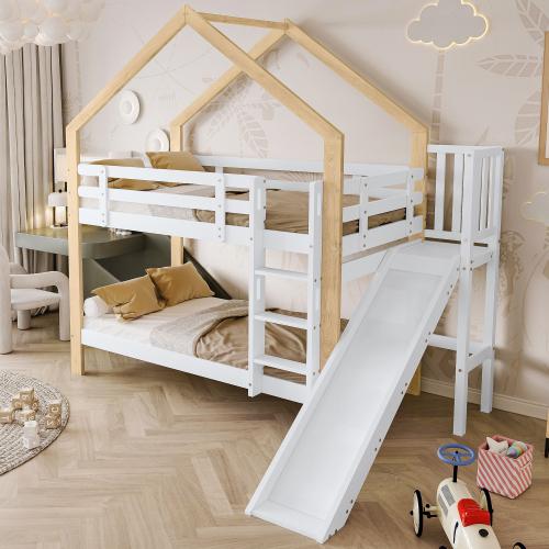 MODFU Kinderbett 90x200cm Etagenbett,Hausbett mit Rutsche und dreistufiger Winkelaufstiegsleiter,mit mit Absturzsicherung,Weiß+Natur,mit matratze