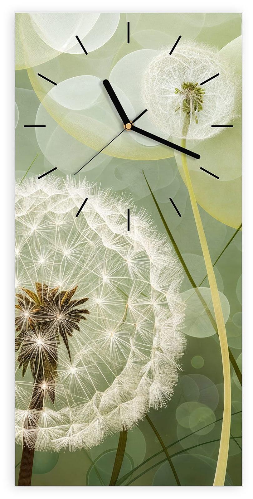 Primedeco Wanduhr aus Glas mit Motiv Löwenzahnzarte Blüten- 30 x 60 cm - inkl. Aufhängesystem