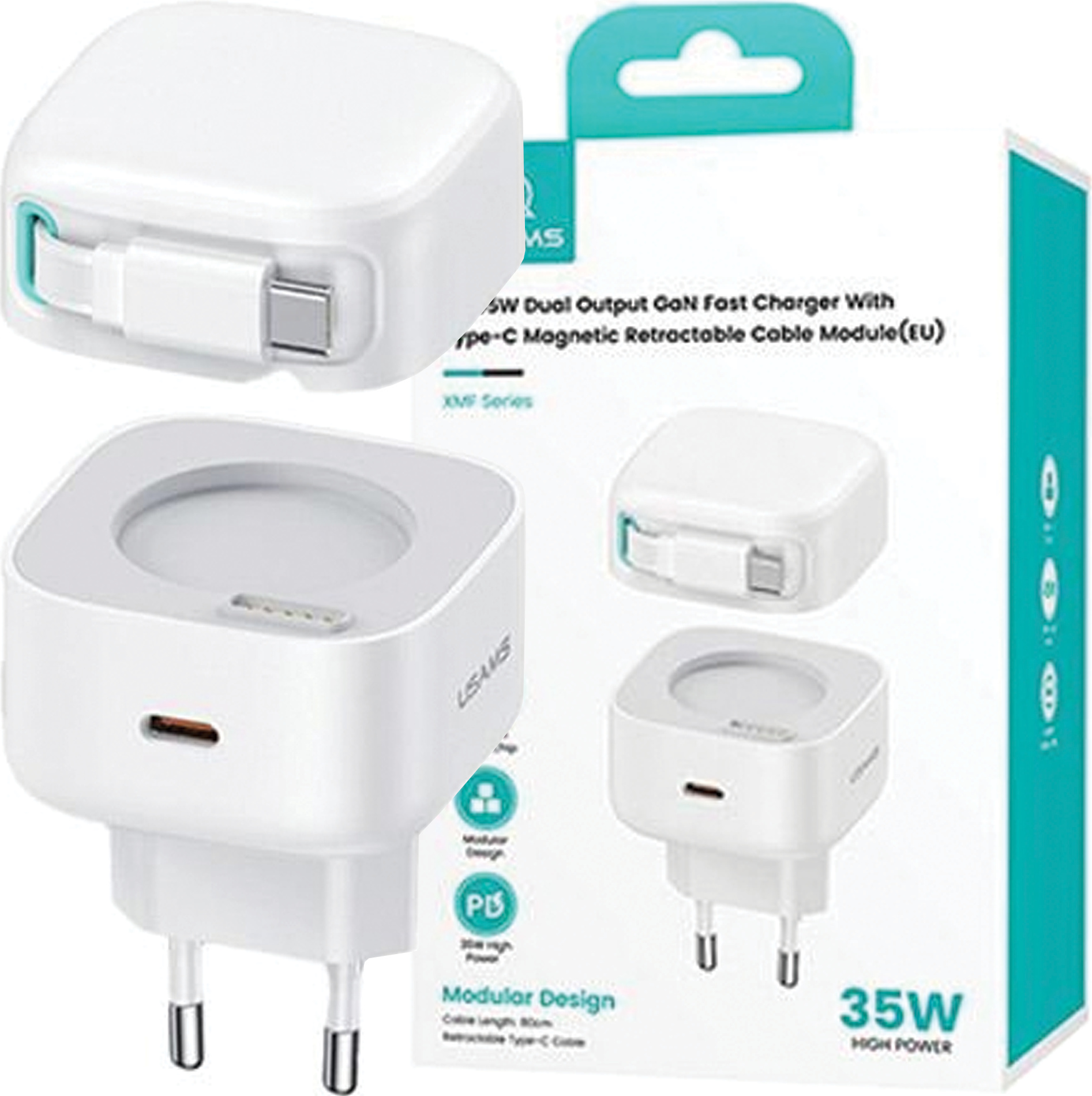 Usams Lad. Siete. 1Xusb-C So Zaťahovacím Usb-C Zaťahovacím Pd+Qc 35W Rýchlonabíjacím Káblom Gan Biely/Biely Xmf Séria Cc202Tc02 (Us-Cc202)