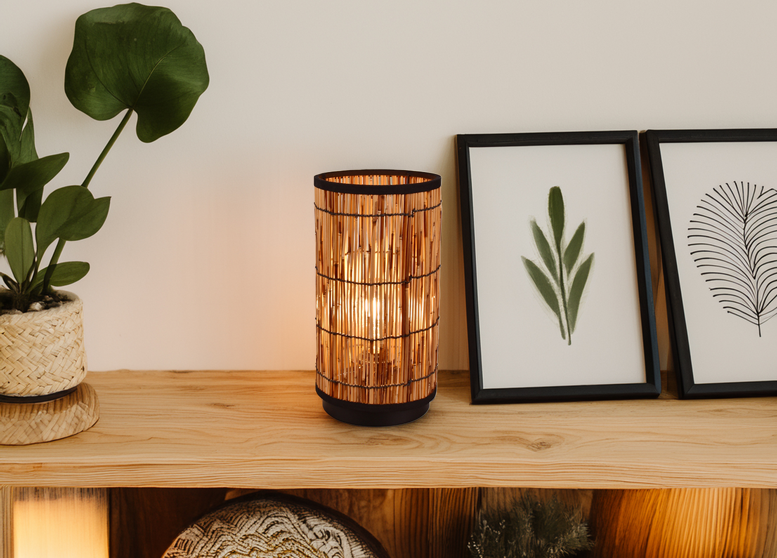 Meine Wunschleuchte Vintage Tischlampe mit Rattan Lampenschirm Boho Stil für Fensterbank Nachttisch SP1SCHILFT