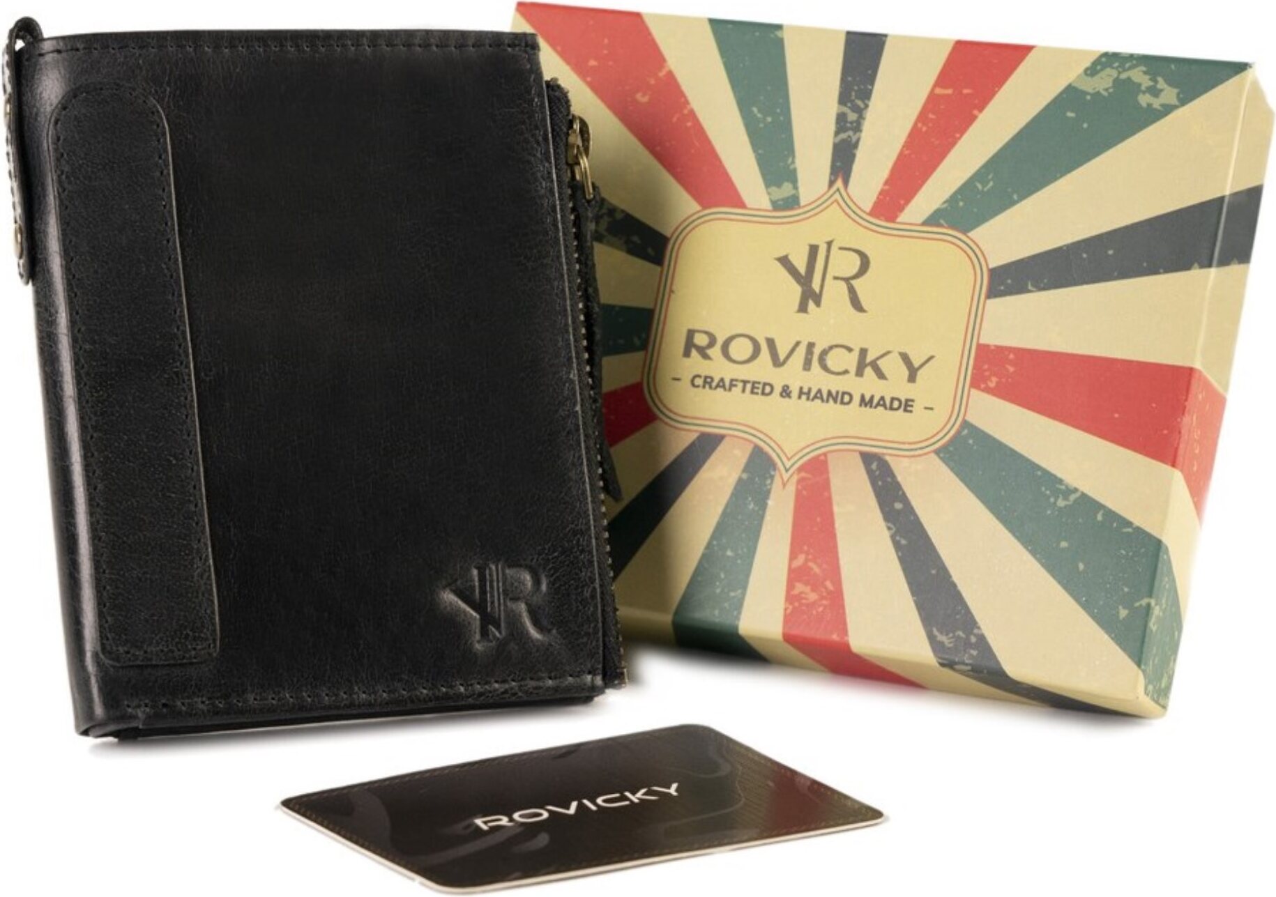 Rovicky | Große Geldbörse, im Retrostil, mit zwei Münzfächern, Naturleder, Schwarz, 9x12 cm N1226RHP5432BLACK