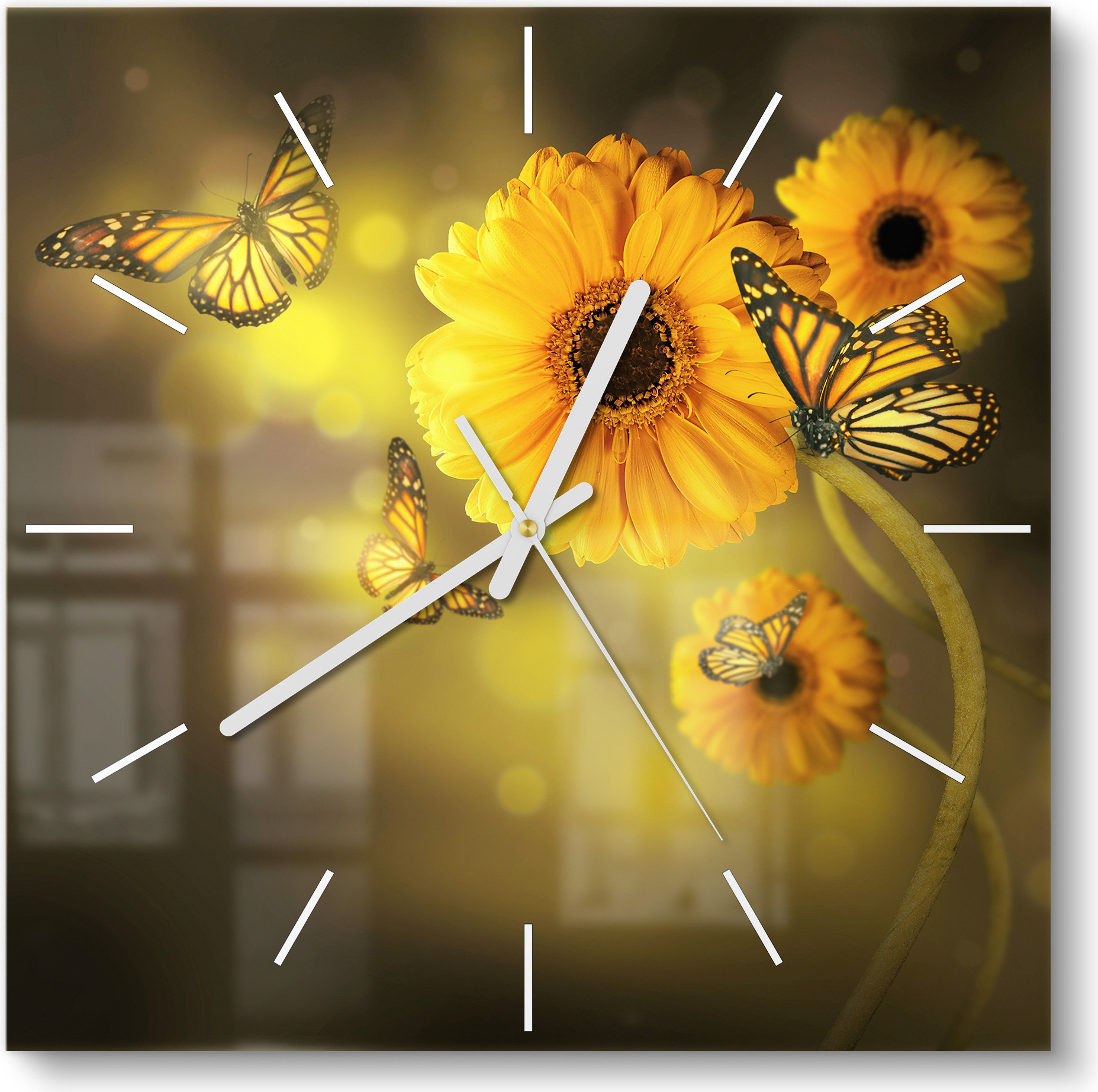 DEQORI Glasuhr 30x30 cm Modern 'Frühlingsfreude' Wanduhr Glas Uhr Design leise Küchenuhr WC-30-30-M-3683