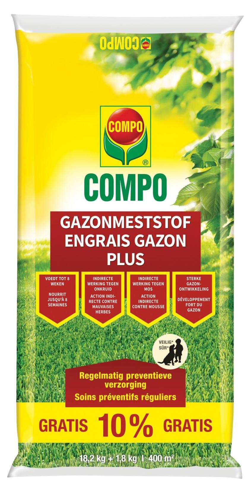 COMPO Rasendünger Plus 20 kg für 400 m² - Entwickelt einen kräftigen Rasen - Indirekte Wirkung gegen Unkraut & Moos - Wirkungsdauer 8 Wochen