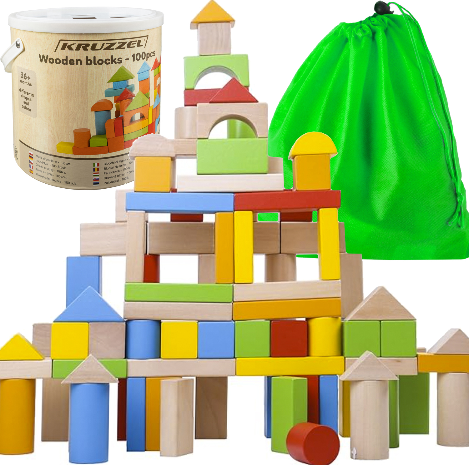 Kruzzel Bunte Holzbausteine & Sortierset im Eimer Motorikspielzeug 100 Elemente 22666 Bunte Holzbausteine & Sortierset im Eimer Motorikspielzeug 100 Elemente 22666 AM17220