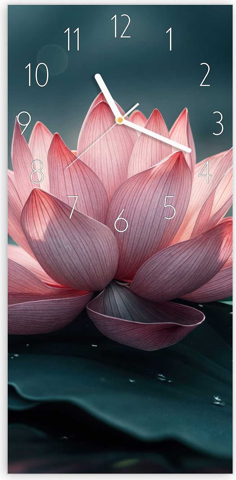 Primedeco Wanduhr aus Glas mit Motiv Lotuszauber- 30 x 60 cm - inkl. Aufhängesystem