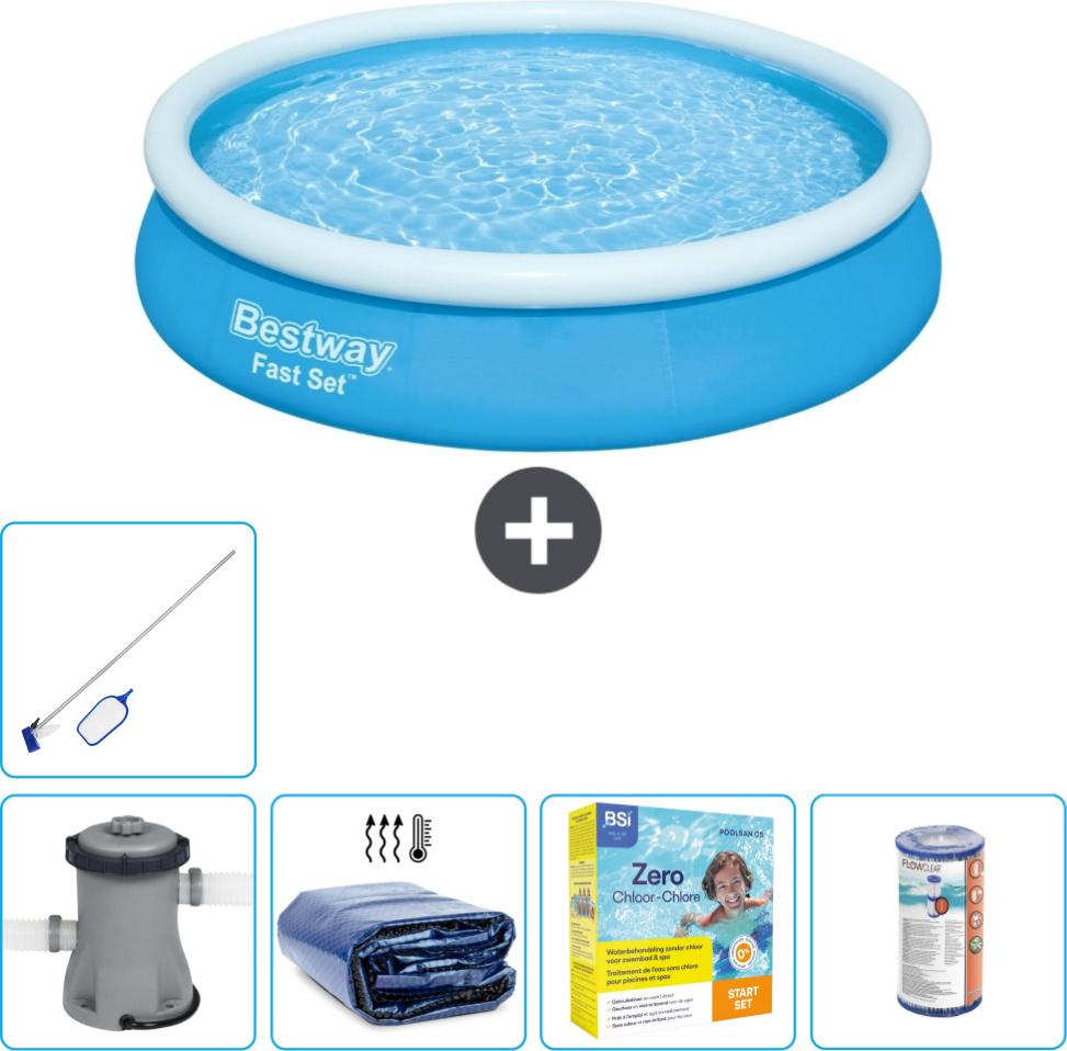 Bestway okrúhly nafukovací bazén s rýchlou montážou - 366 x 76 cm - modrý - vrátane markízy s čerpadlom - balík na údržbu - filter - čistiaca súprava