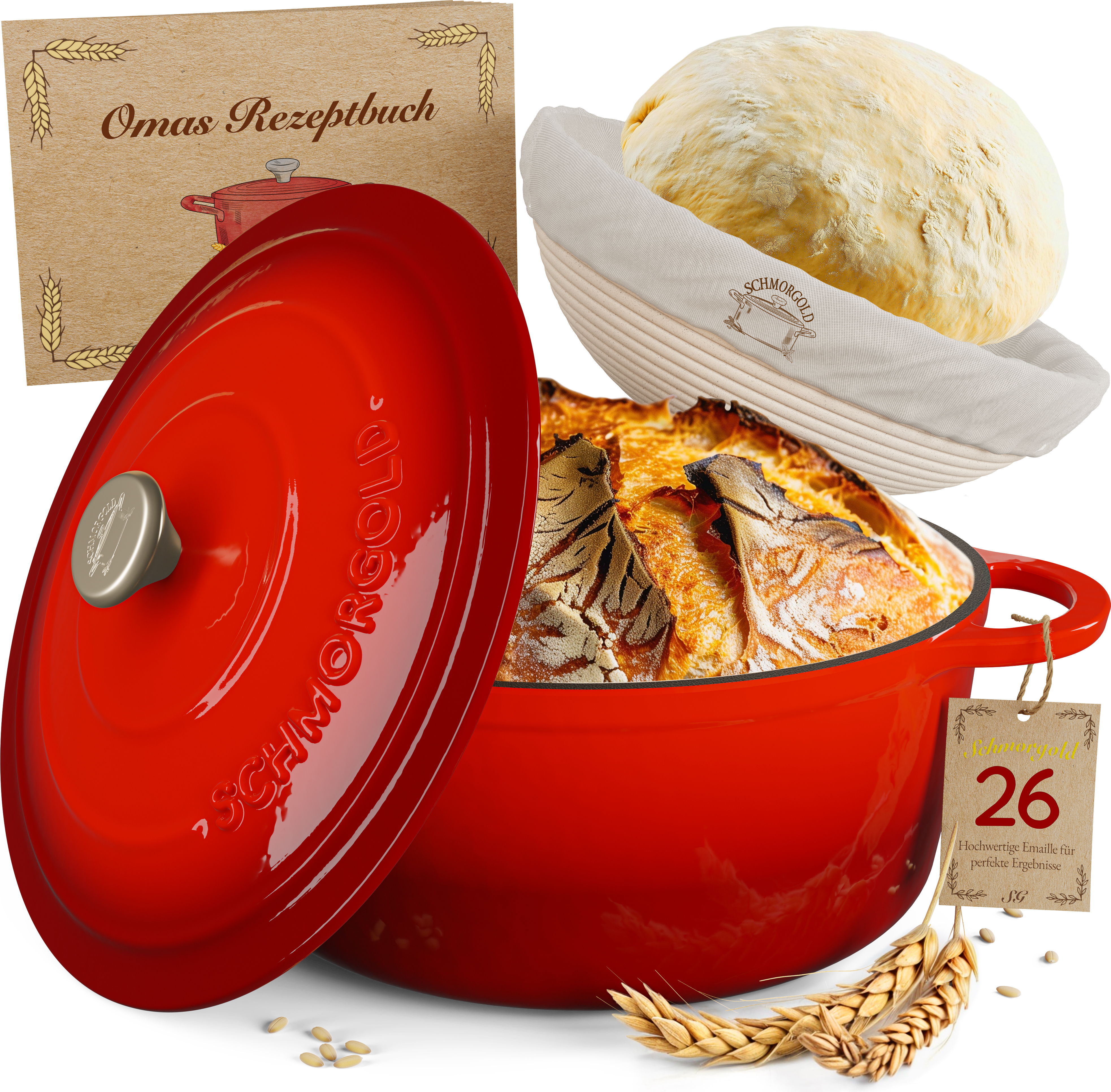 Gusskönig Brotbackform 26cm inkl. Gärkorb - Gusseisen Topf zum Brot Backen - emaille Topf, Schmortopf Gusseisen, Brottopf, Brot Backen Zubehör