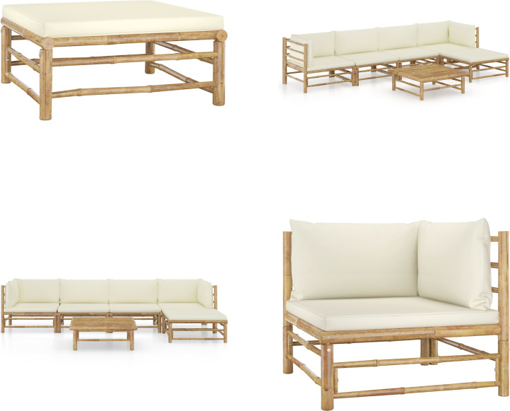 vidaXL 6-dielna záhradná súprava s krémovo bielymi vankúšmi bambus - Záhradná súprava - Záhradné súpravy - Záhradný nábytok - Súprava záhradného nábytku