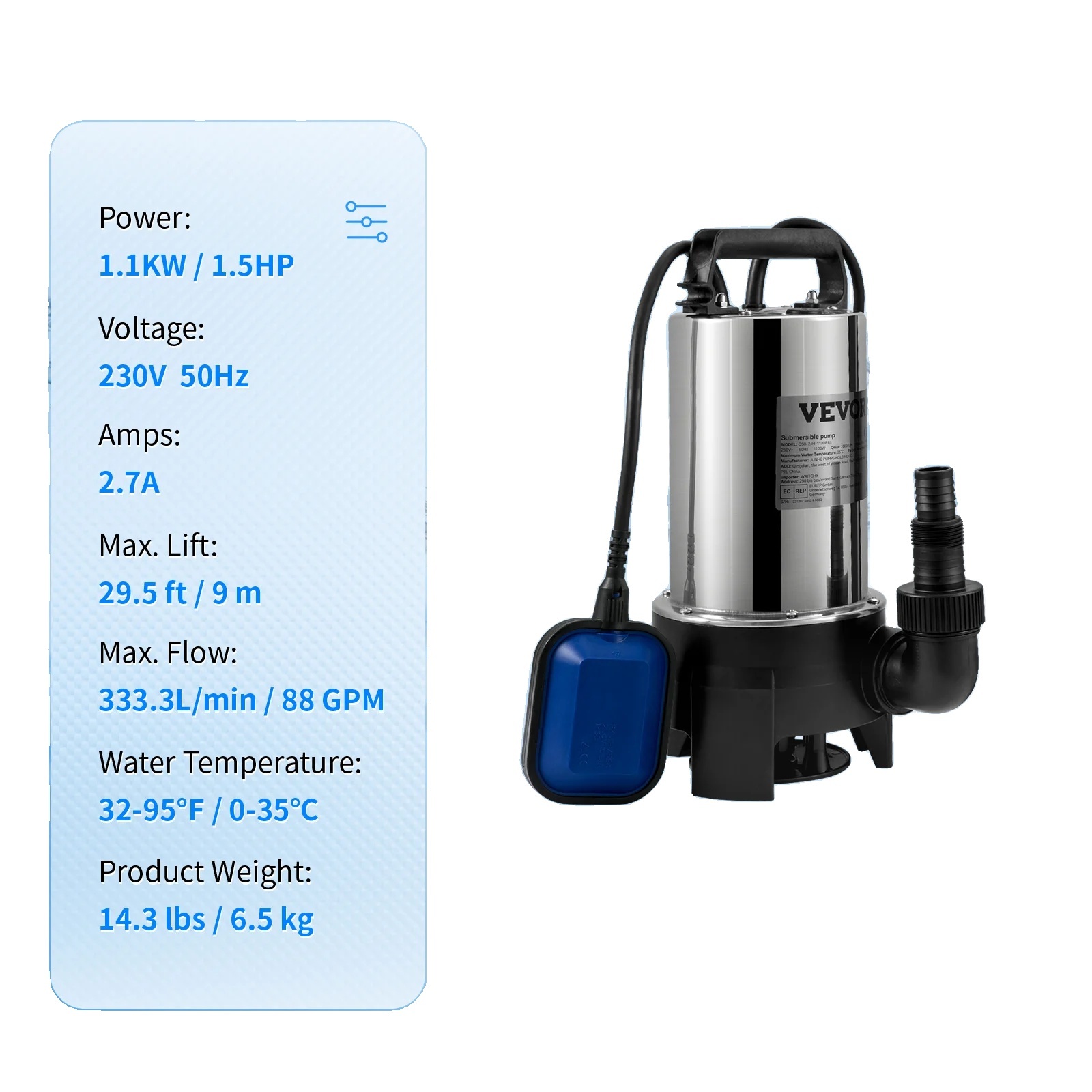 Čerpadlo na odpadovú vodu, ponorné čerpadlo, 550W - 2200W, 6V
