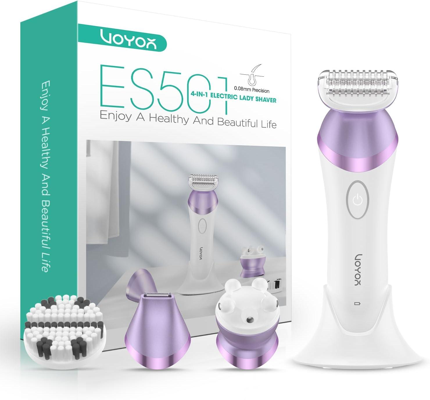 VOYOR Elektrisch Intimrasierer für Frauen 4 in 1 Damen Elektrisch Trimmer, Gesichtsbürste,Massage Armen Beinen Achseln Intimbereich Bikinizone 2 Drehzahl