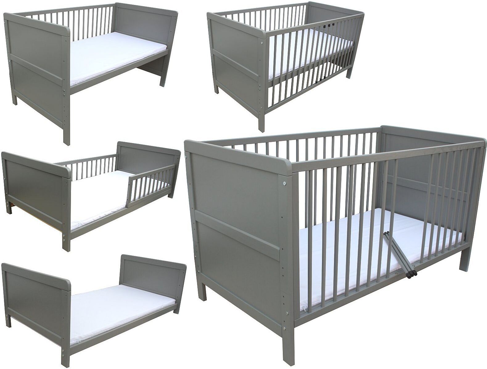 Kinderbett Juniorbett Beistellbett 140x70 cm 3in1 mit Matratze grau