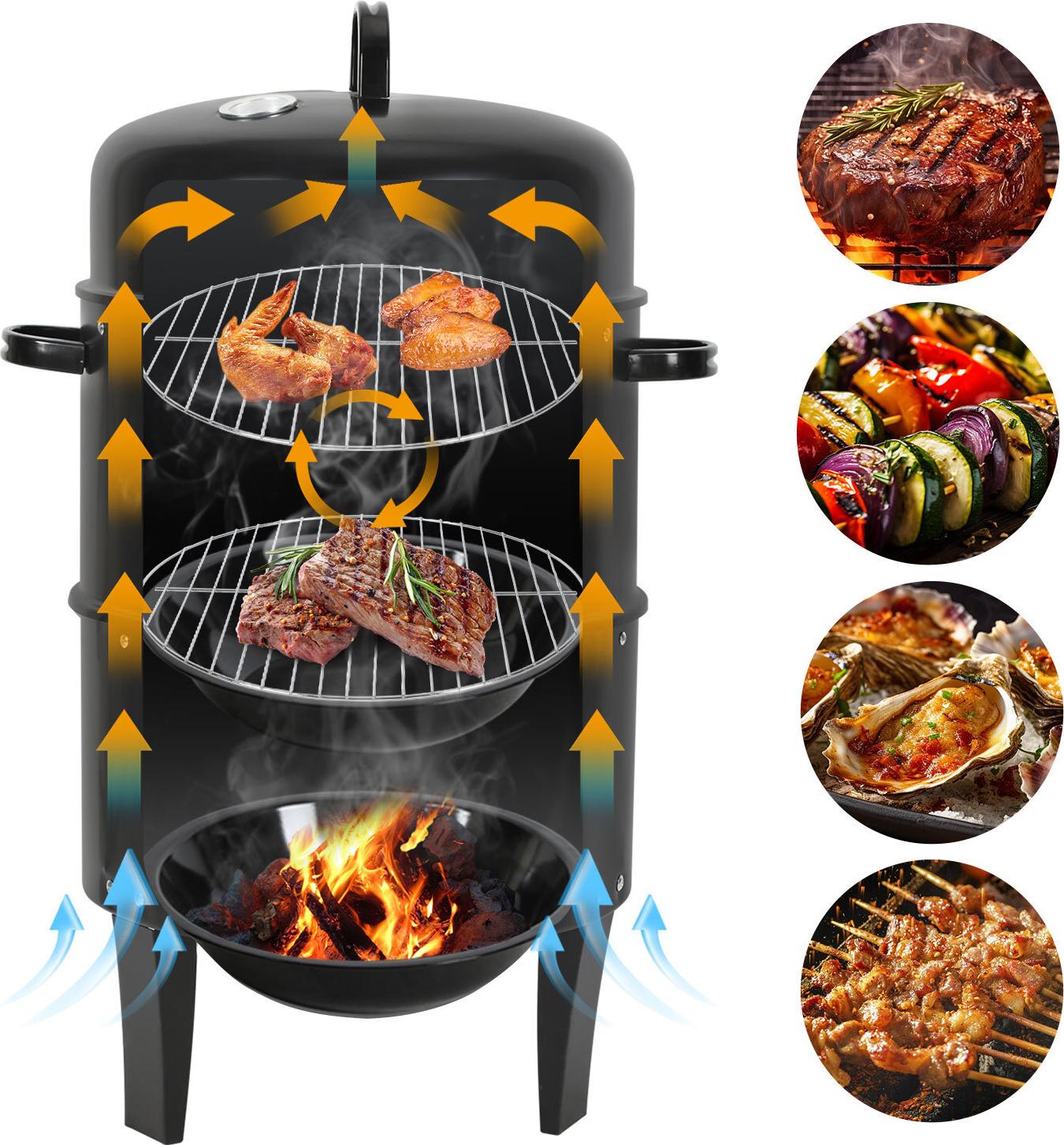 Izrielar 3 in 1 Smoker Räuchertonne Ø 40 cm Räucherofen Holzkohlegrill Räuchergrill BBQ Grilltonne RL-HG11664-1-YNa
