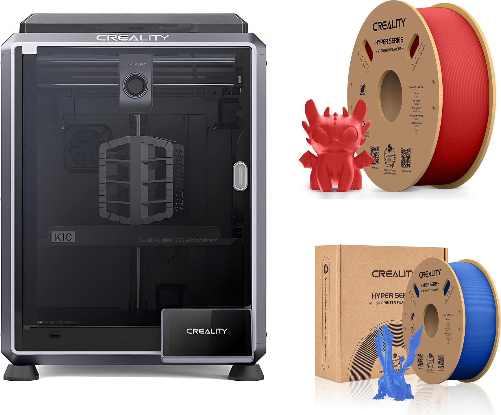 CREALITY 3D Creality K1C 3D Drucker, mit 2kg Creality Hyper PLA Filament--(Rot+Blau)
