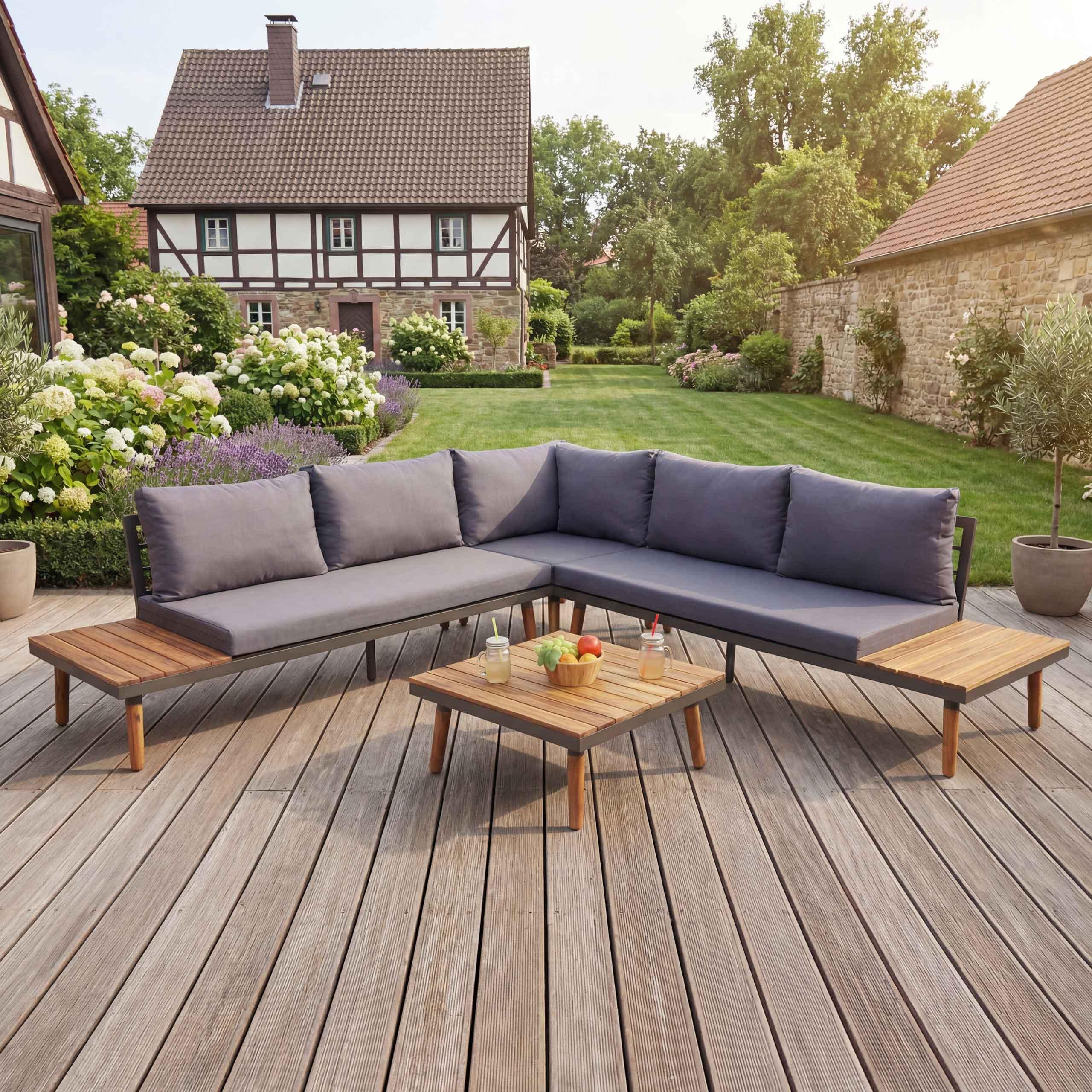 Záhradný set HWC-E97, sedacia súprava lounge set sofa, akáciové drevo s certifikátom MVG, sivá farba