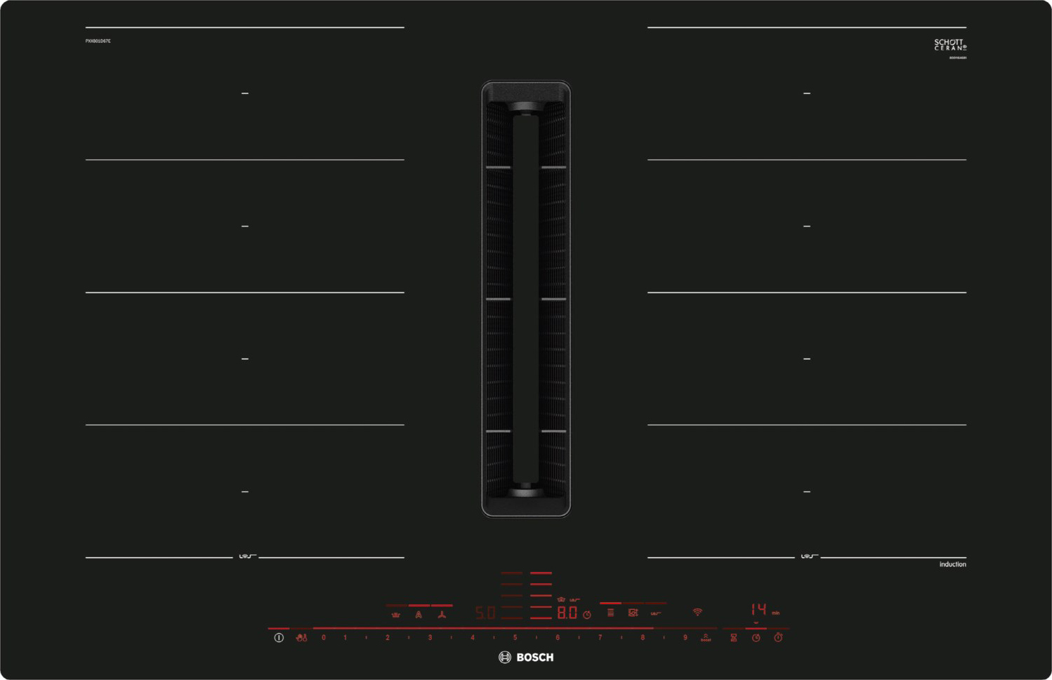 Varná doska, Bosch PXX801D67E, SER8, 80 cm, ventilačná varná doska 2 Flex + digestor B, max. 622 m3/h, 69 dB, PerfectFry, PerfectCook ready, DirectSelectPremium, Pan Boost cez HC, CleanAir+ filtre, 7,4 kW, HC