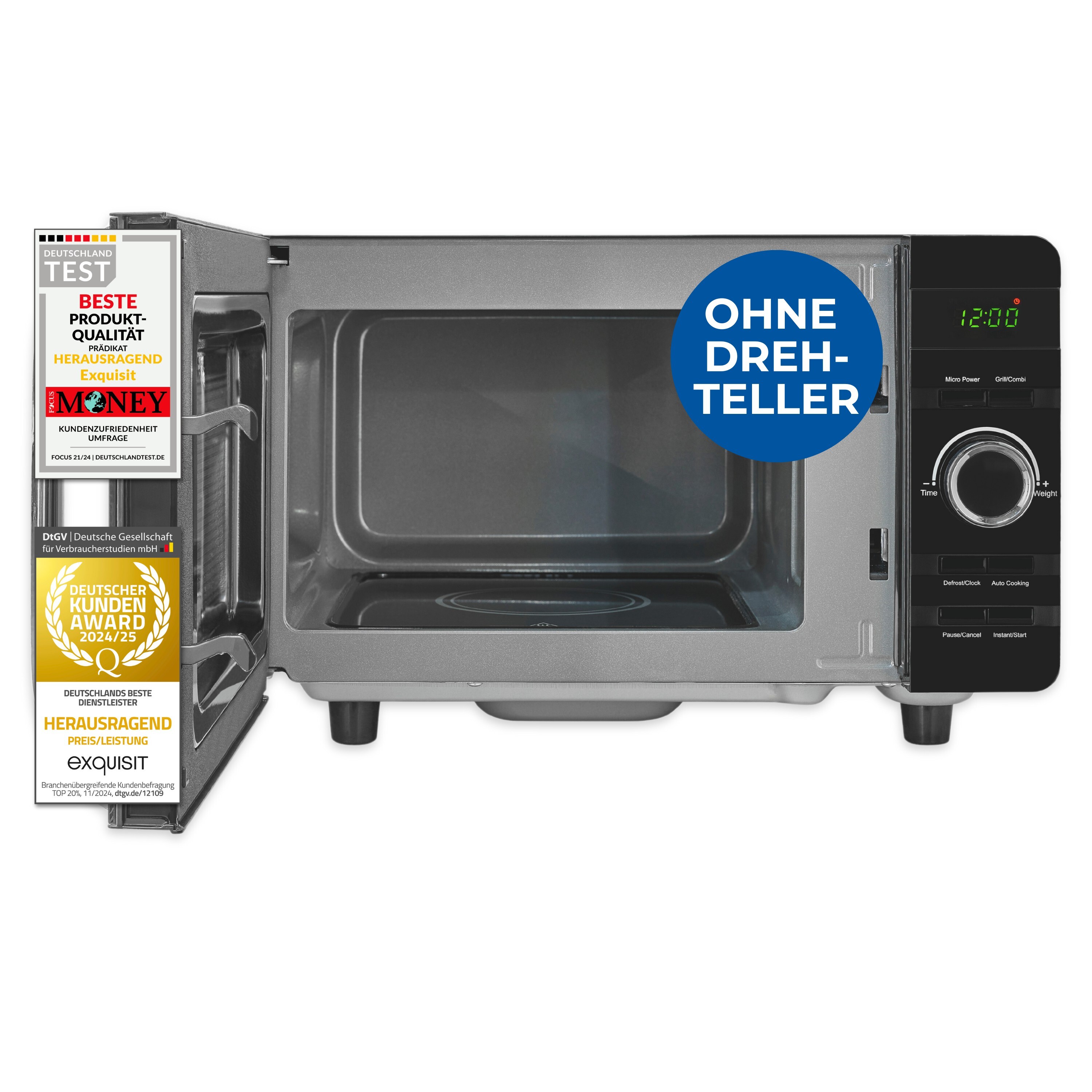 Exquisit Mikrowelle ohne Drehteller, 800 Watt Grill, 700 Watt, 20 Liter Garraumvolumen, Mikrowelle Flachbett, Auftaufunktion, MW4020-F-240DIG schwarz 812811001