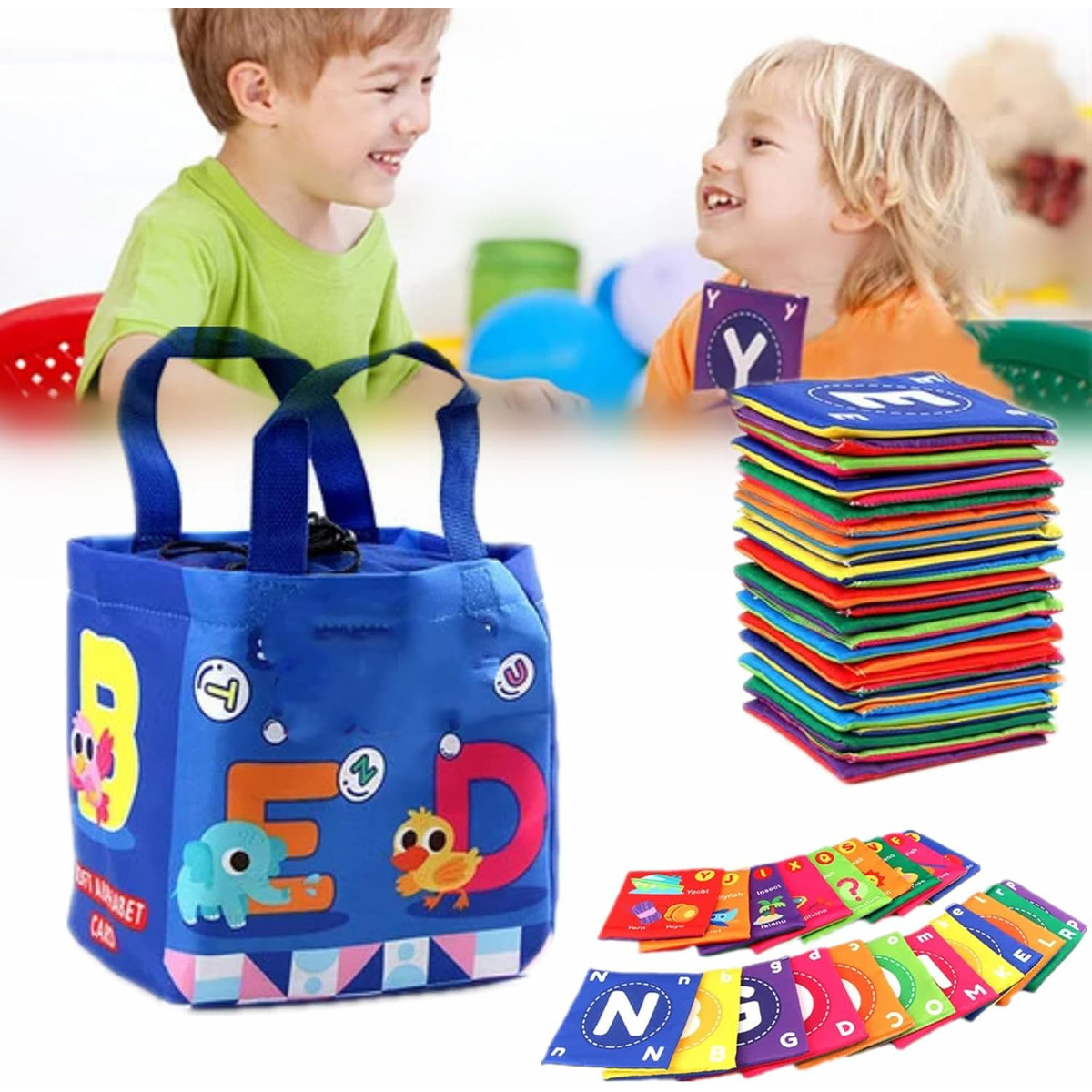 Welikera 26pcs set Weiche Alphabetkarten, ABC,Lernkarten, frühes Lernspielzeug mit Aufbewahrungstasche, waschbares, weiches Buchstabenspielzeug für Kleinkinder KAUF-INTT-BP428-4
