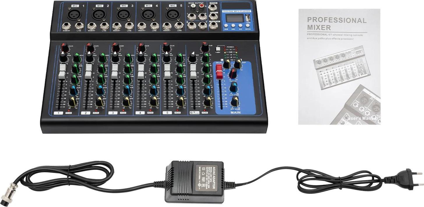 Zvukový mixér, pripojenie Bluetooth, podpora 7 kanálov, 7-kanálová EÚ