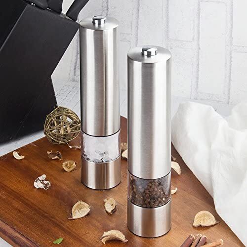 GROOFOO Elektrische Salz und Pfeffermühle Set 2 PCS Automatische elektrische Salz- oder Pfeffermühle-Mühle-Satz Edelstahl