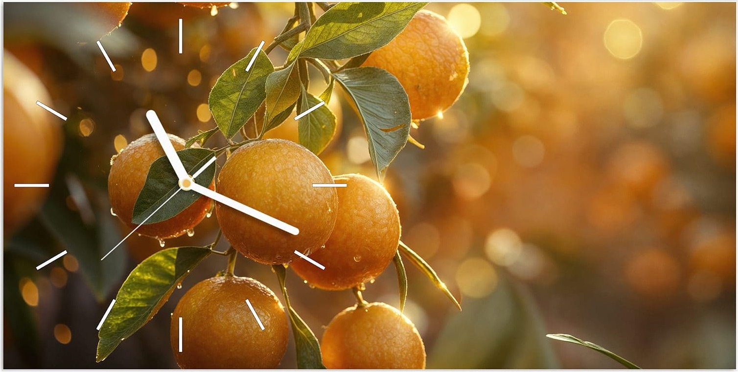 Primedeco Wanduhr aus Glas mit Motiv Sonnengeflutete Orangen- 60 x 30 cm - inkl. Aufhängesystem