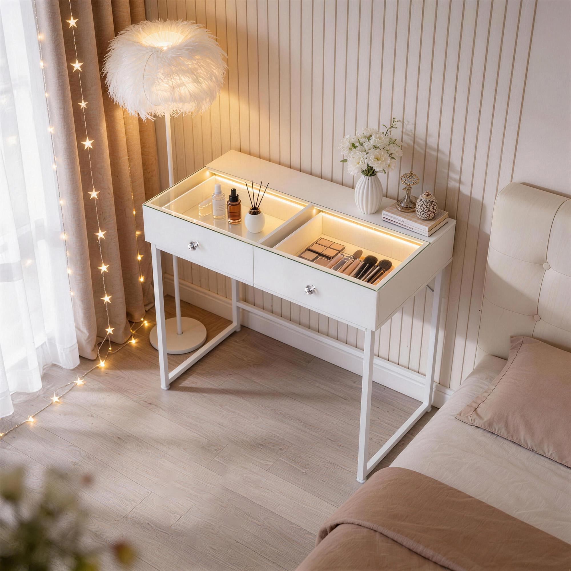 VANITII GLOBAL VANITII Schminktisch im modernen Stil mit einstellbarer LED-Beleuchtung, zwei Schubladen und viel Stauraum. Weiß. Abmessungen: 100 x 55 x 81 cm VT-VD2