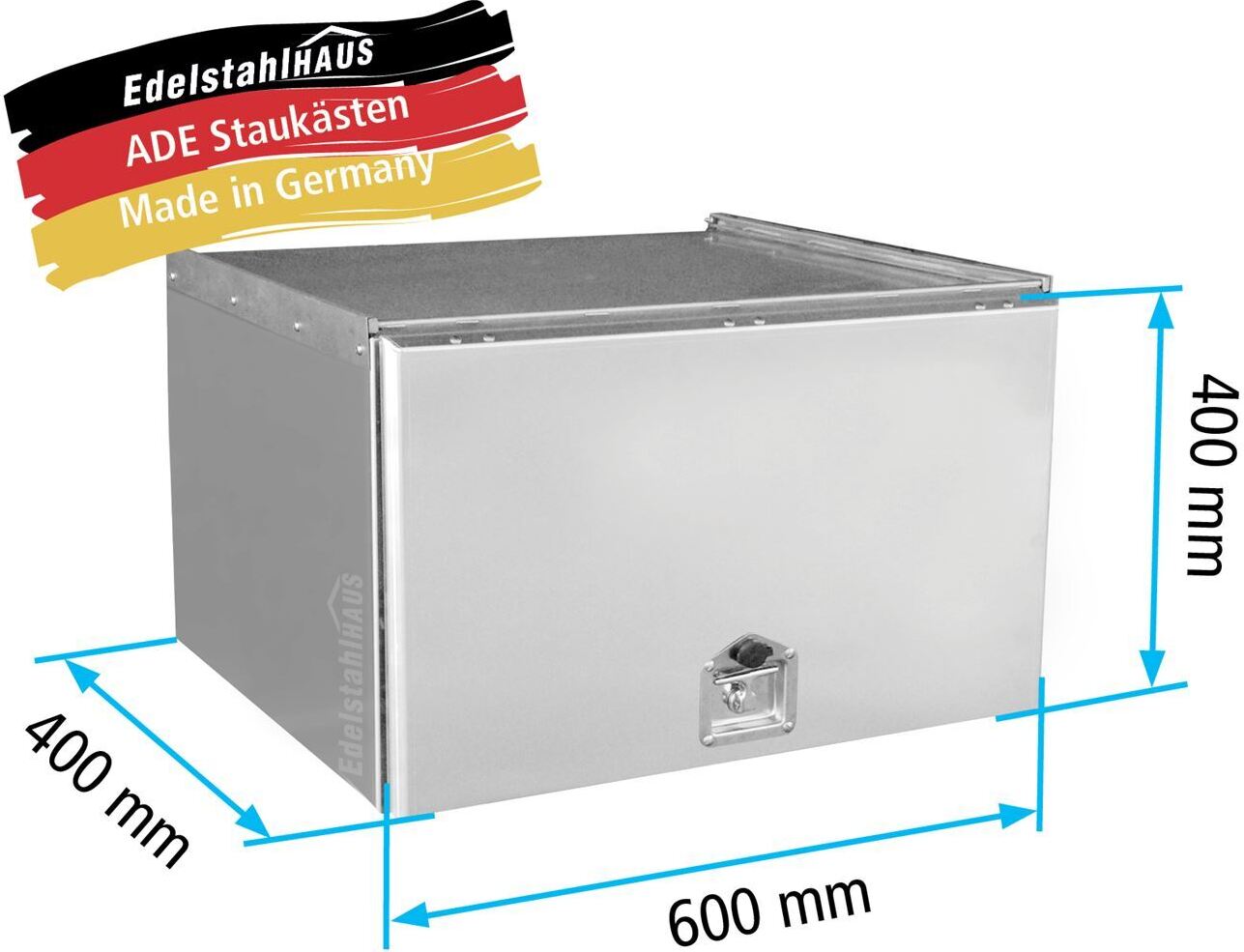 Edelstahlhaus ADE Schubdeckelkasten Edelstahl 600 x 400 x 400 mm, Werkzeugkasten, Staukasten, Staubox, Unterflurbox W4V15N060-40-40