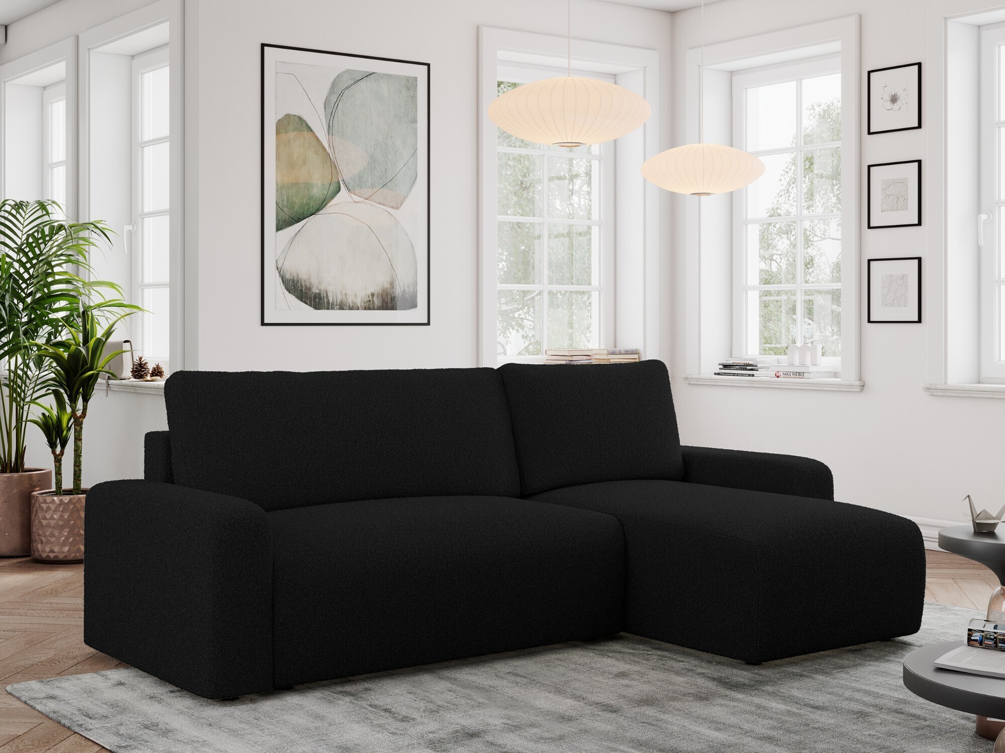 MKS Meble Boucle Stoff, Boucle Couch, Sofa mit Schlaffunktion und Bettkasten, Schlafsofa Boucle, Couchgarnitur Ecke Bettcouch, Boucle Stoff - ARGOS - Schwarz Boucle