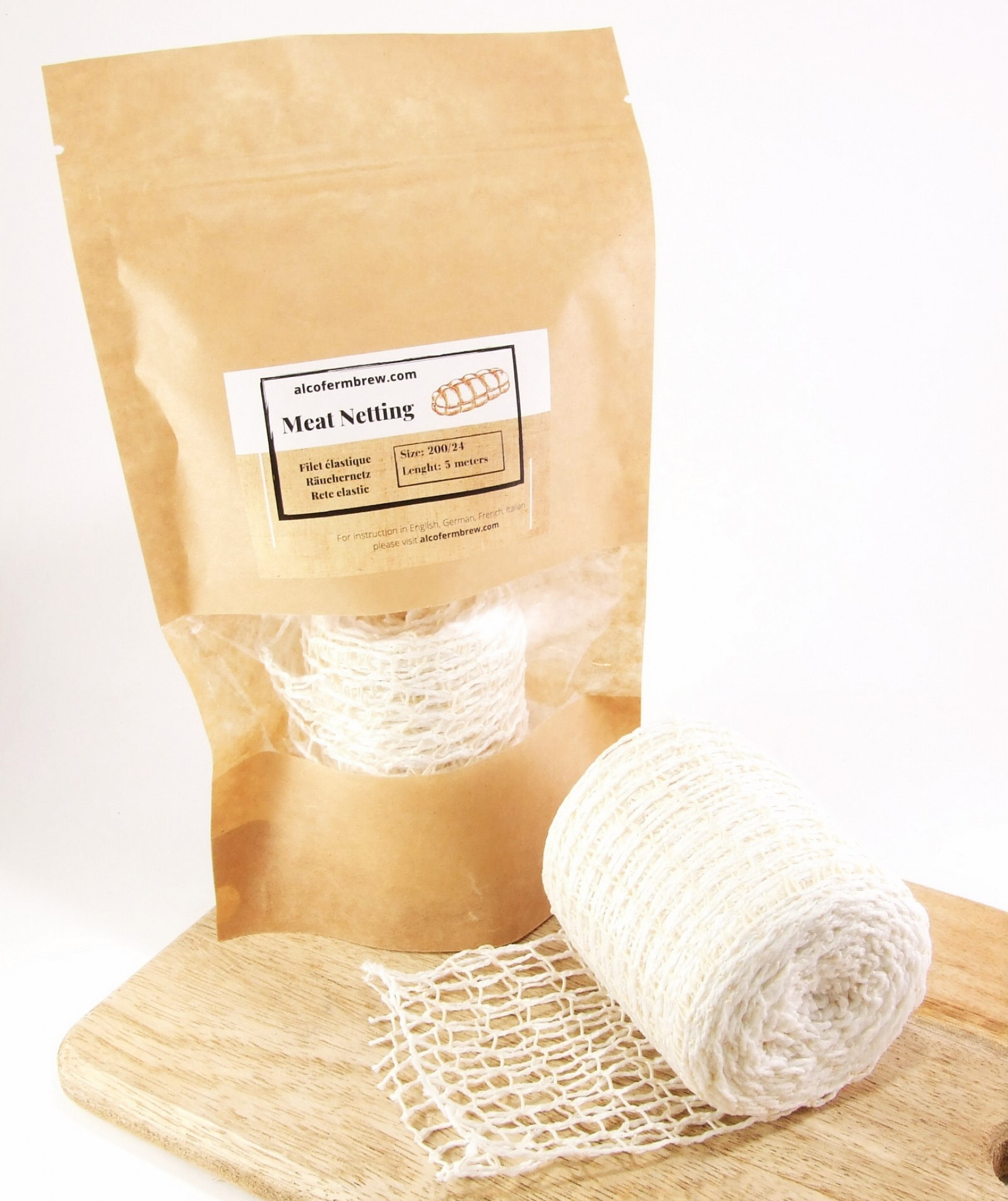 Alcofermbrew Räuchernetz 200/24 x 5M, Fleisch Netz, Lachsschinken Netze, Rollbraten Netz, Schinken Netz