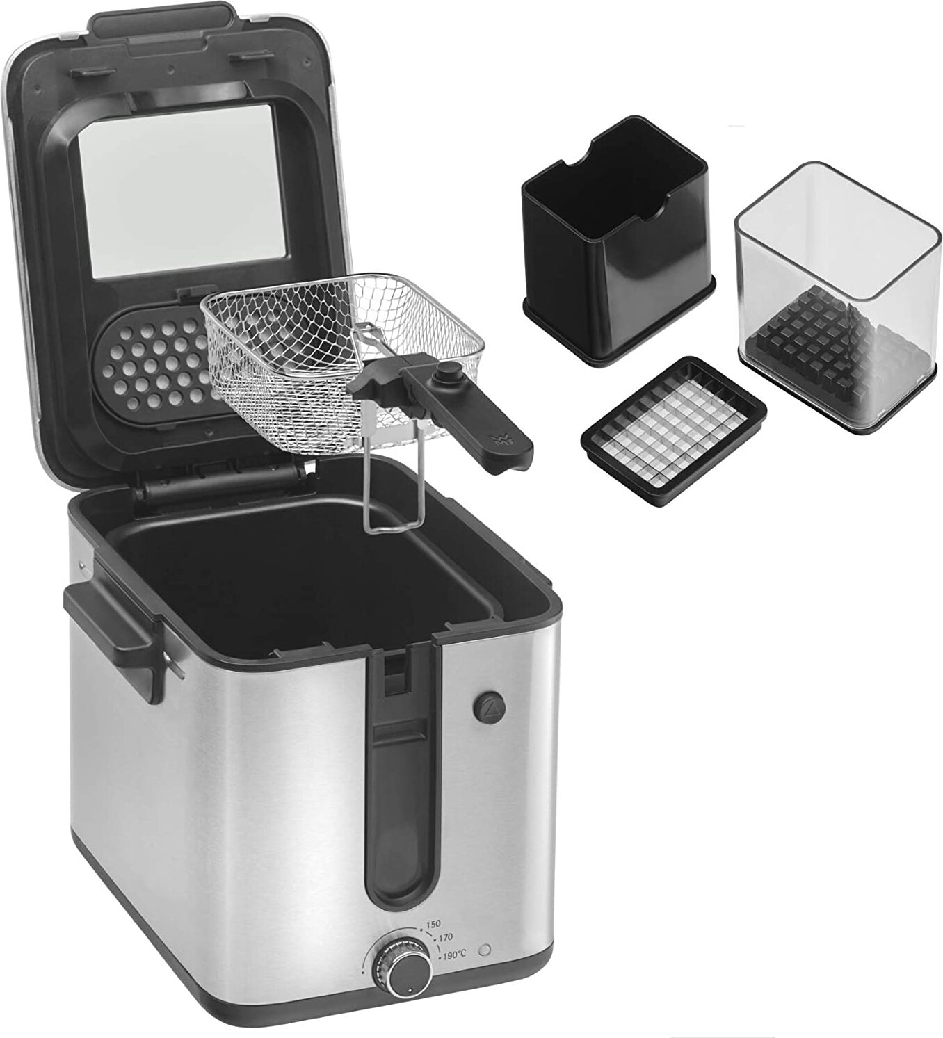 WMF Küchenminis mini fritéza s tukom/olejom, mini fritéza s krájačom zemiakov, 1000 W, vyberateľná nádoba na olej, na chrumkavé hranolčeky, matný povrch z nehrdzavejúcej ocele