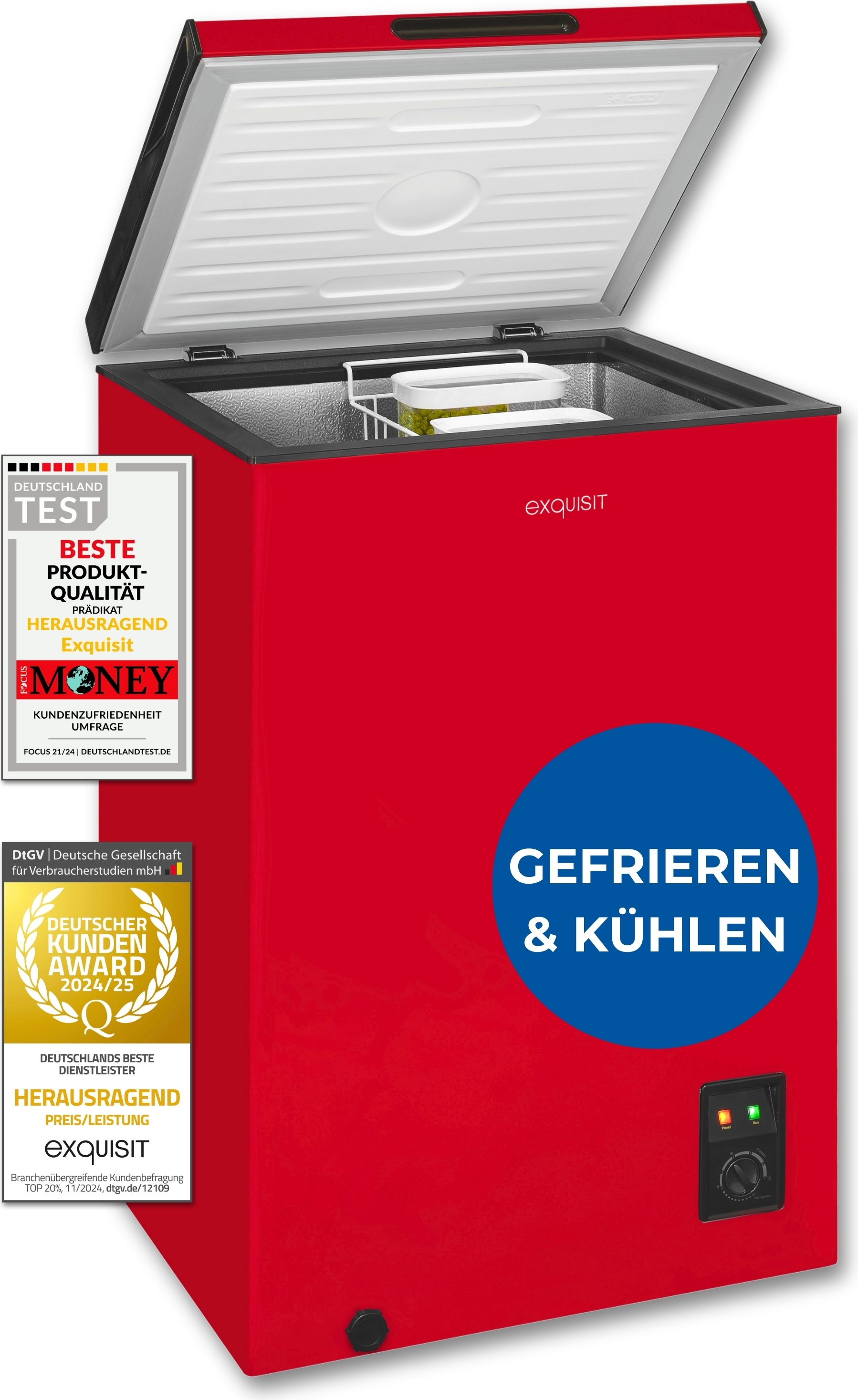 Exquisit Gefriertruhe, Kombigerät, 99 Liter, Tiefkühltruhe, Kühlen, 4-Sterne-Gefrieren, Gefriertruhe klein, Toplader, Gefrierkorb, GT100-050E rot
