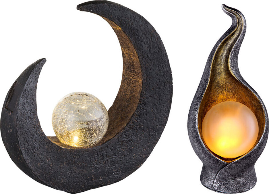 etc-shop 2er Set LED Solarleuchten, Flamme, Mondsichel, silber, braun 90622