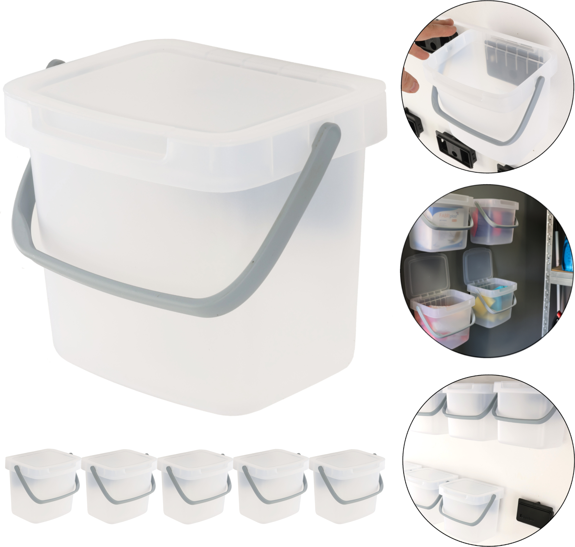 botle Set mit 5 x Organisationsbox Orgaisationscontainer Aufbewahrungsbox 19x15x17 cm 3 L transparent hängend Organisation Raum Sortieren Lagern Reinigung Hauswirtschaftsräume Reinigungsprodukte
