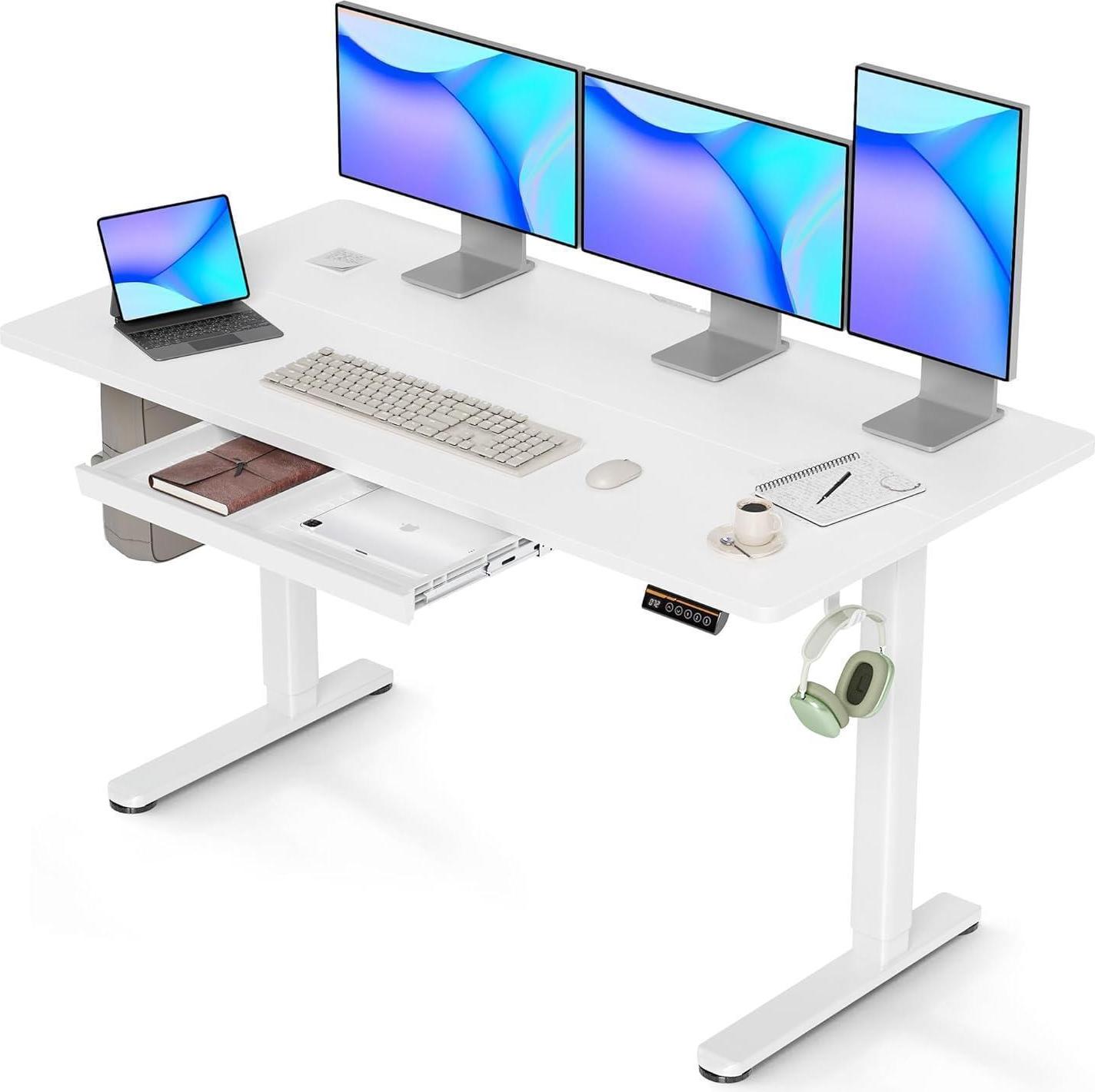 Höhenverstellbarer Schreibtisch 140x60 cm Elektrisch Weiß mit Schublade