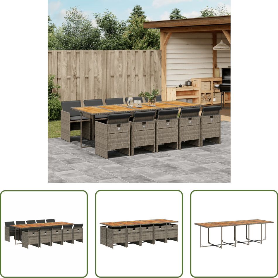 The Living Store 11-dielny záhradný jedálenský set s vankúšmi sivý polyratan