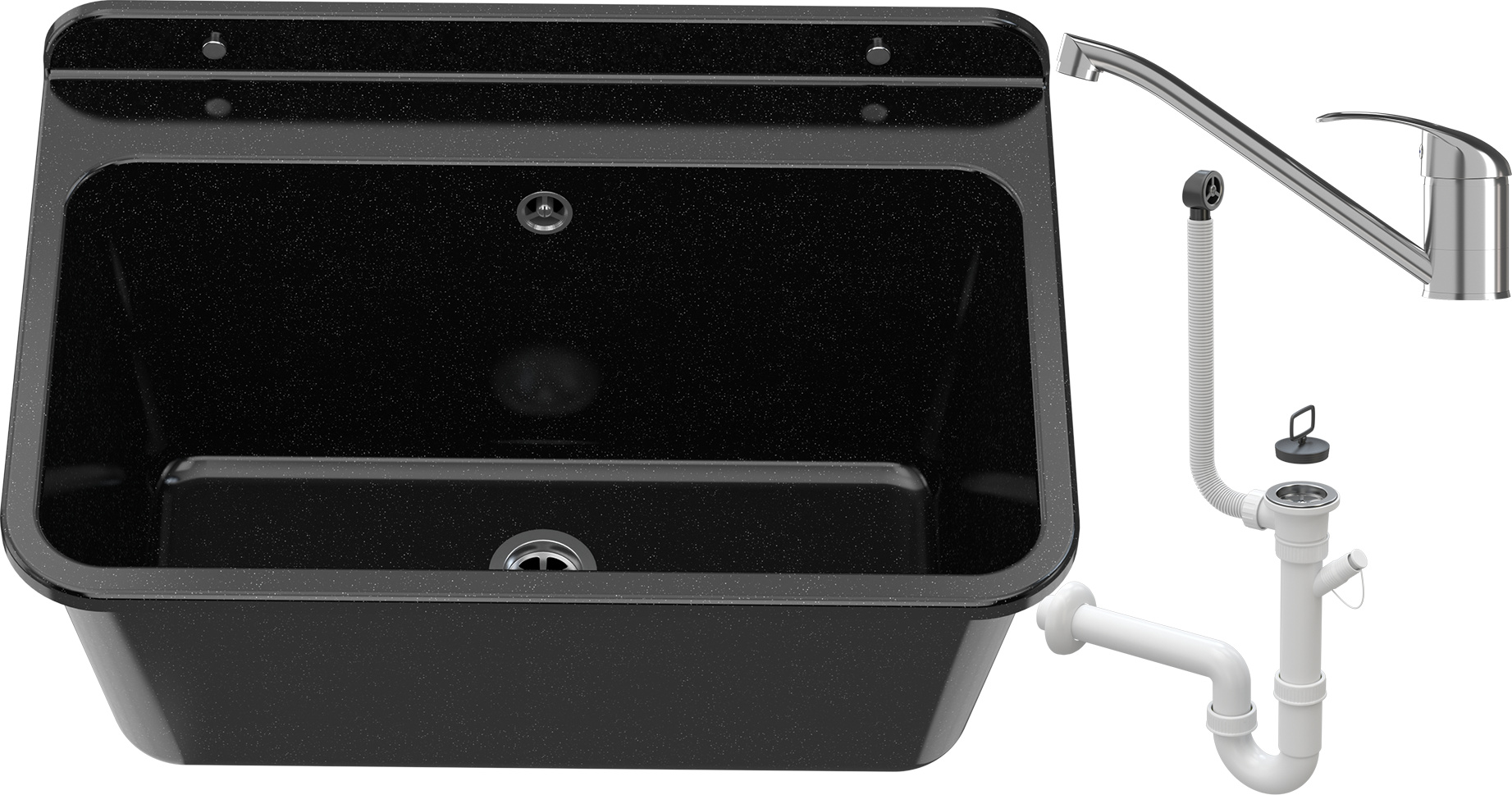 Granitan | Wirtschaftsspüle - LARGE - mit schwarzer Armatur - mit Siphon - Schwarz - 61 x 41 cm - für Waschküche und Garage WIRTSCHAFTSKAMMER GROSS + ALFI