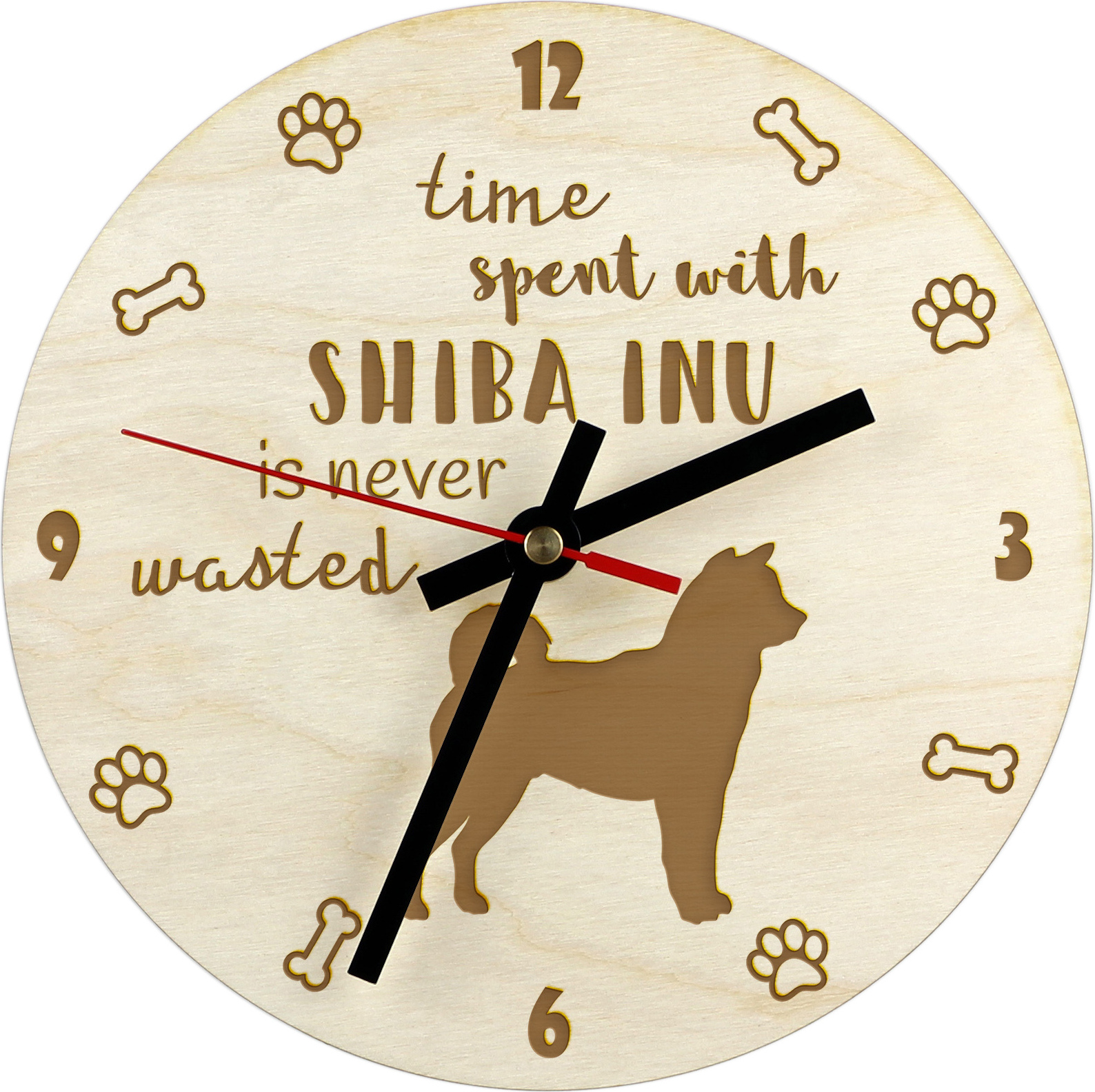 Shiba Inu - hodiny so psom, drevené hodiny s gravírovaním, personalizované hodiny od Art-Dog