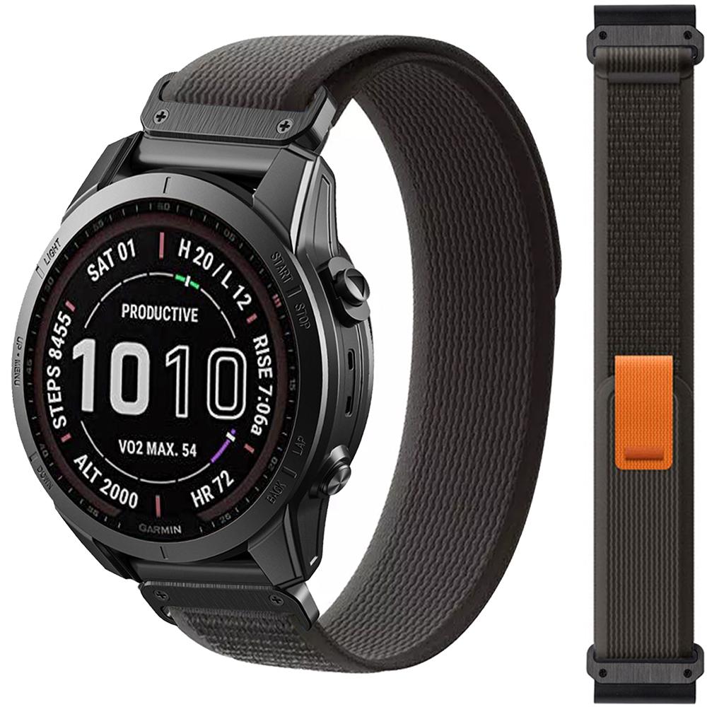 FFO2World Trail Loop Nylon-Sportarmband 26 mm QuickFit für Garmin Enduro 3/Fenix 8/7X/6X/5X GPS, Tactix 7 Pro/Epix Pro – Schwarz/Grau GMMST-26mm-HH