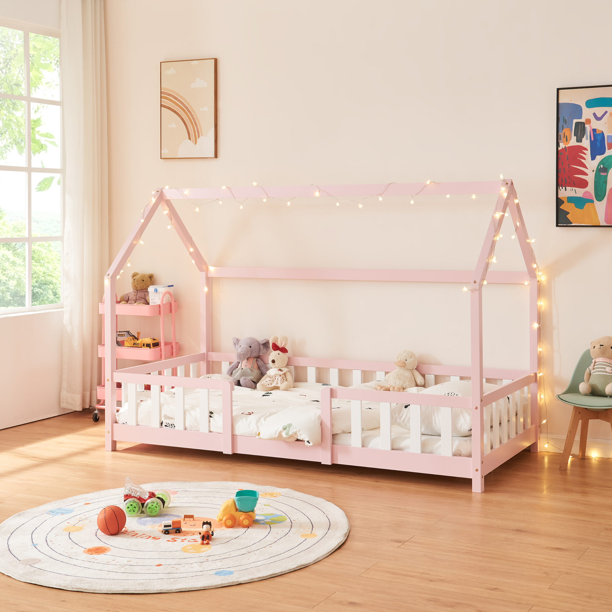 en.casa Kinderbett ’Sisimiut’ in Haus-Optik mit Rausfallschutz Kiefernholz 90 x 200 cm Rosa / Weiß