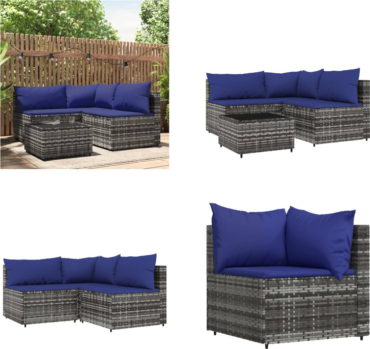 vidaXL 4 tlg. Garten Lounge Set mit Kissen Grau Poly Rattan - Garten Lounge Set - Garten Lounge Sets - Outdoor Lounge Set - Lounge Set Terrasse