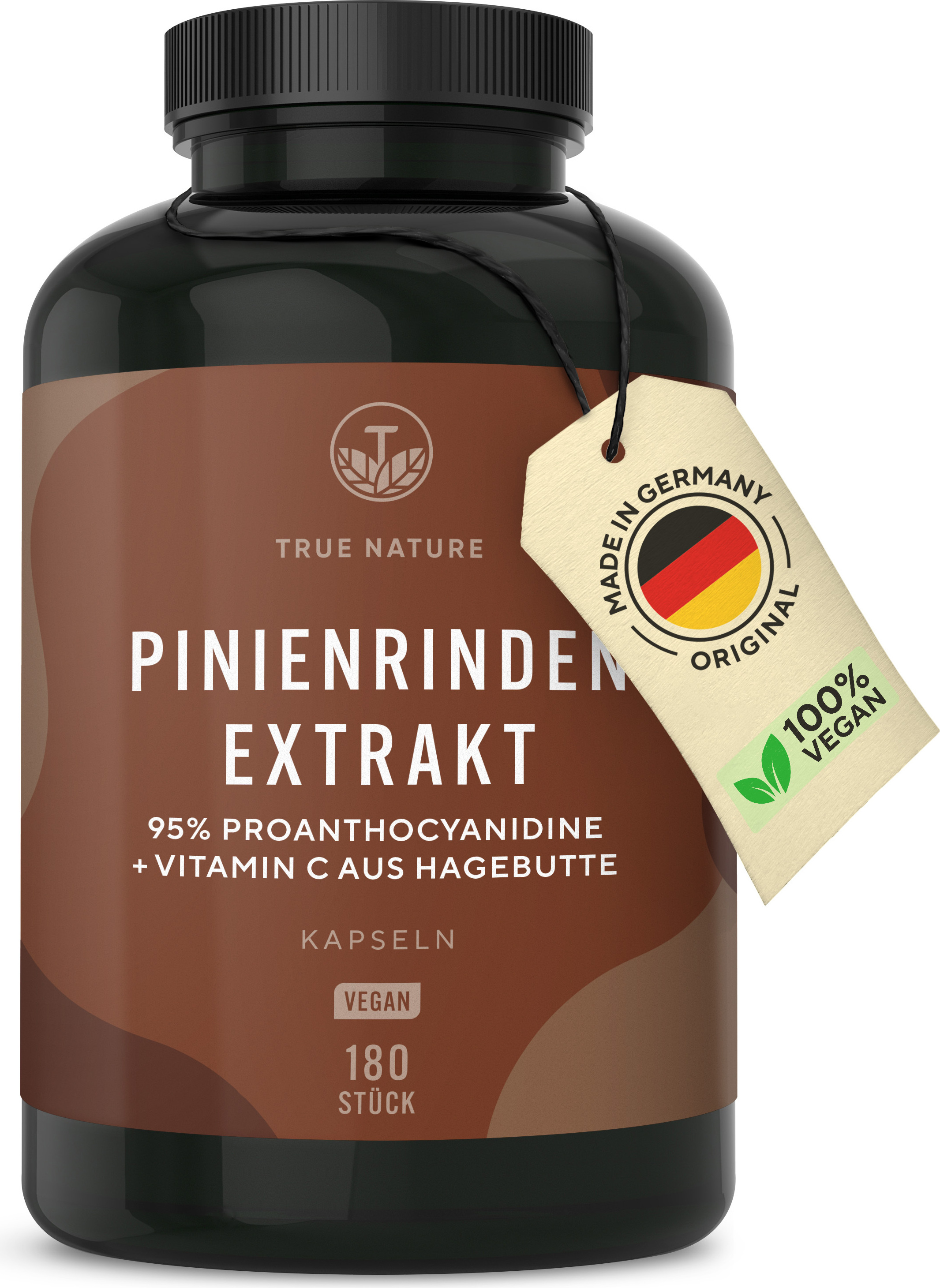 Pinienrindenextrakt Kapseln - 180 Kapseln à 660mg - mit 95% Proanthyocyanidine + Vitamin C aus Hagebutte (trägt zur normalen Funktion des Immunsystems bei) - französische Seekiefer - TRUE NATURE®