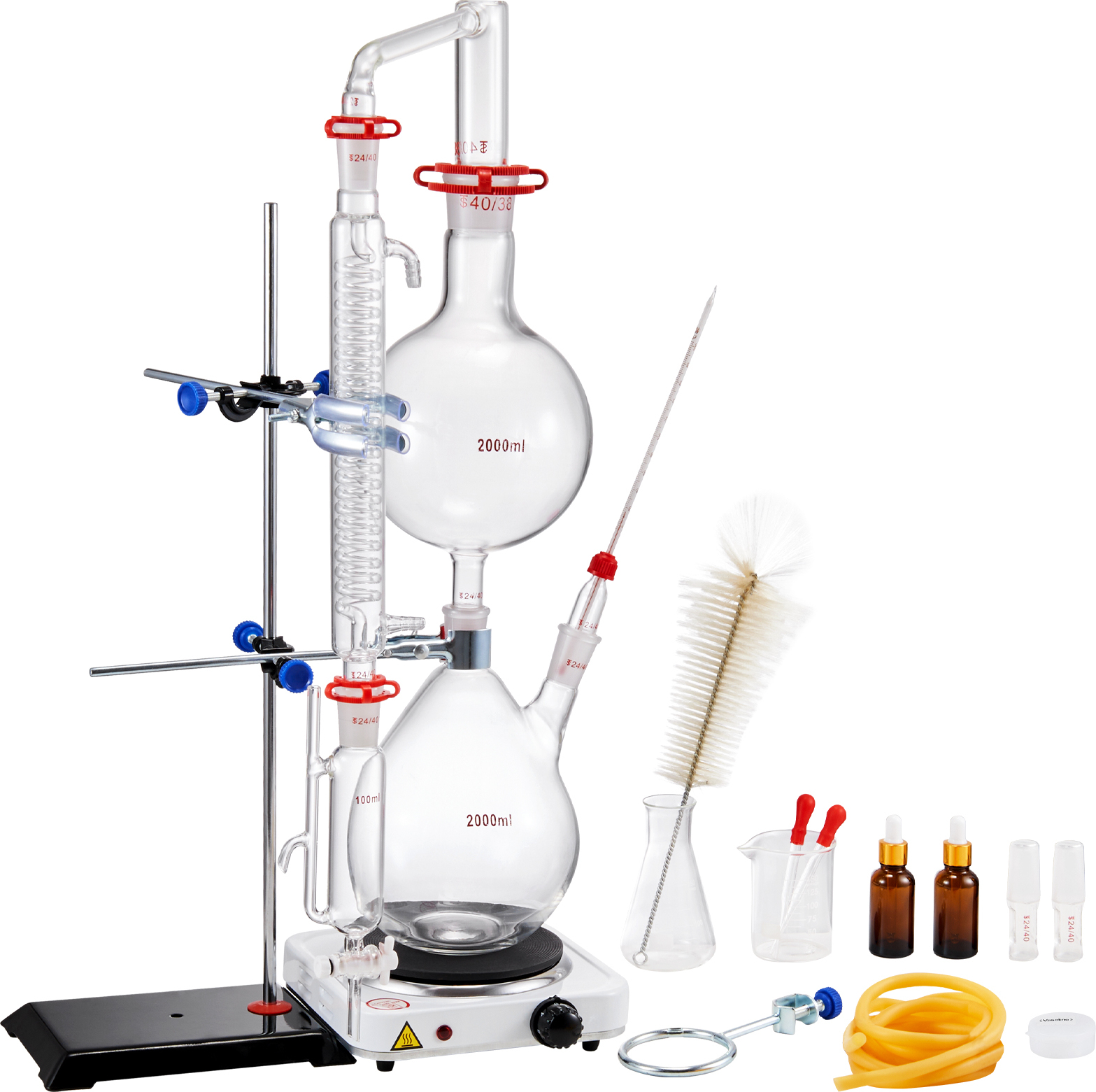 SucceBuy 2000 ml Destillationsset fš¹r ?therische ?le, 3.3 Boro-Laborglasger?t mit 1000 W Heizplatte, 24/40-Verbindung, komplettes 28-teiliges Set