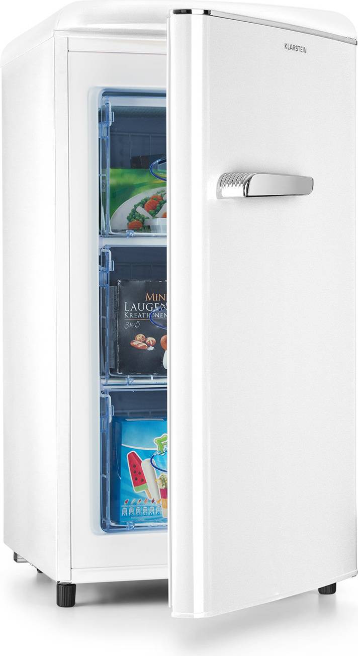 Klarstein Laika mraznička – celkový objem 60 litrov, termostat s 5 úrovňami, 0 až -18 °C, 3 police, voľne stojaca, retro dizajn, krémová