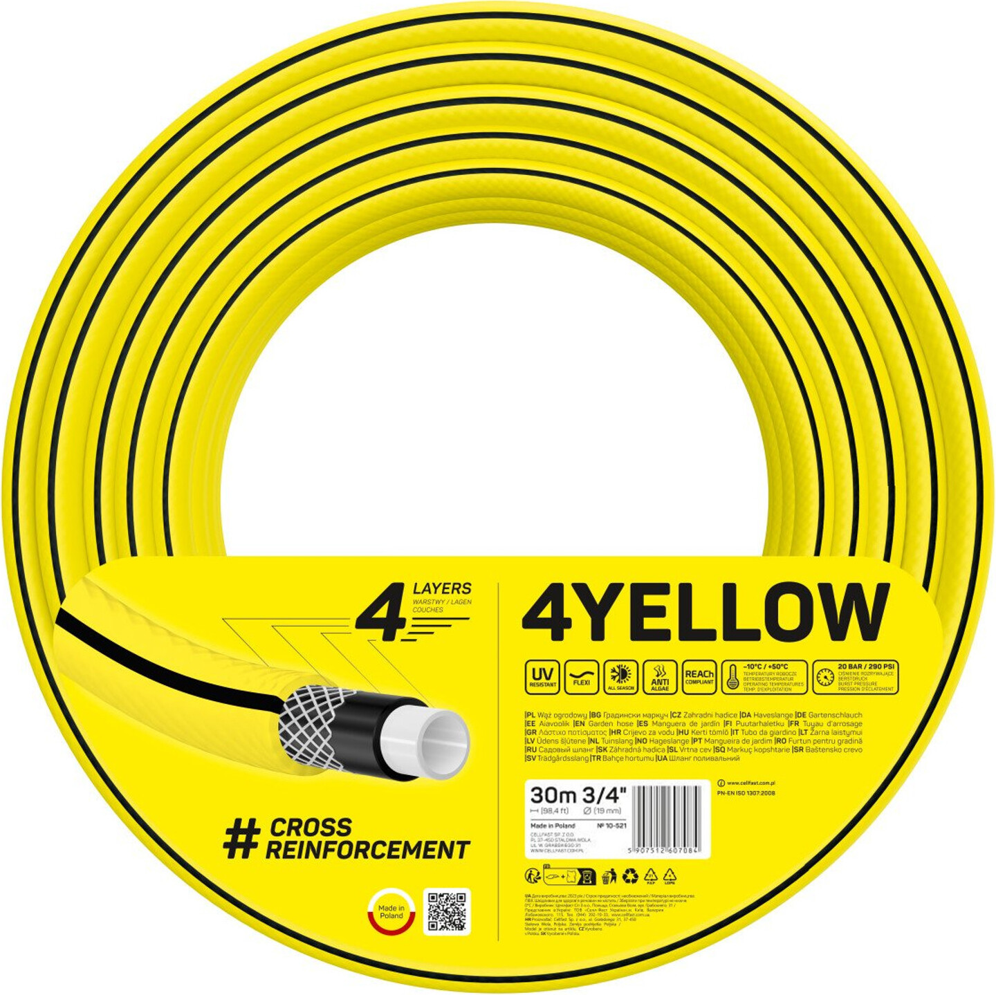 Gartenschlauch Cellfast 4YELLOW 10-521 Garten Schlauch 30m 4-lagig UV-beständig 20 Bar Gelb