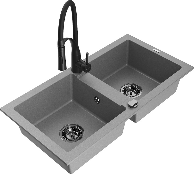 Mexen Mario 2-Becken-Granitspüle mit Mischbatterie Aster, Grau - 6504-71-73450-70-B 90