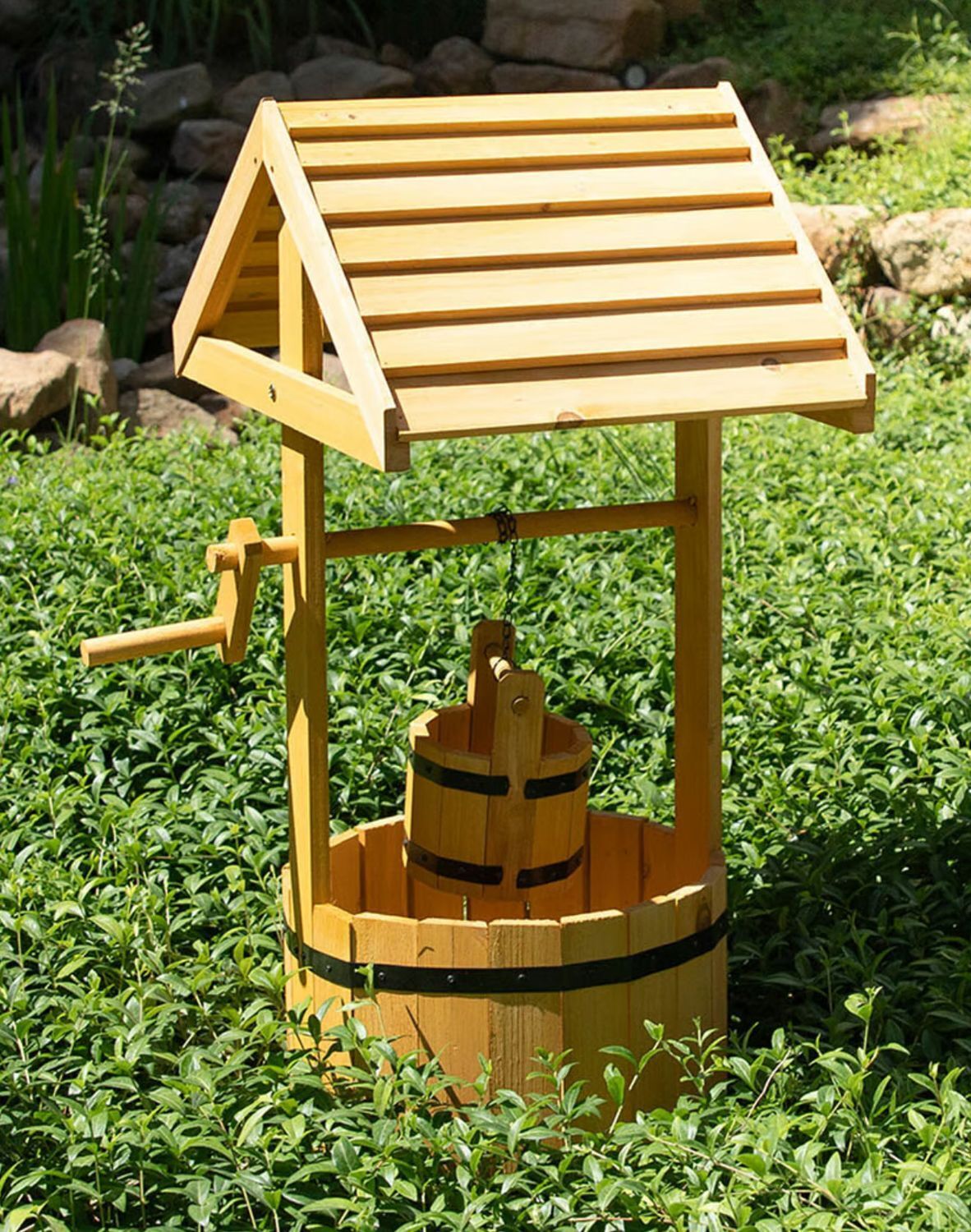 Buri Dekobrunnen aus Tannenholz mit Eimer und Kurbel Pflanzbrunnen Gartendeko Holzbrunnen Zierbrunnen VX14955