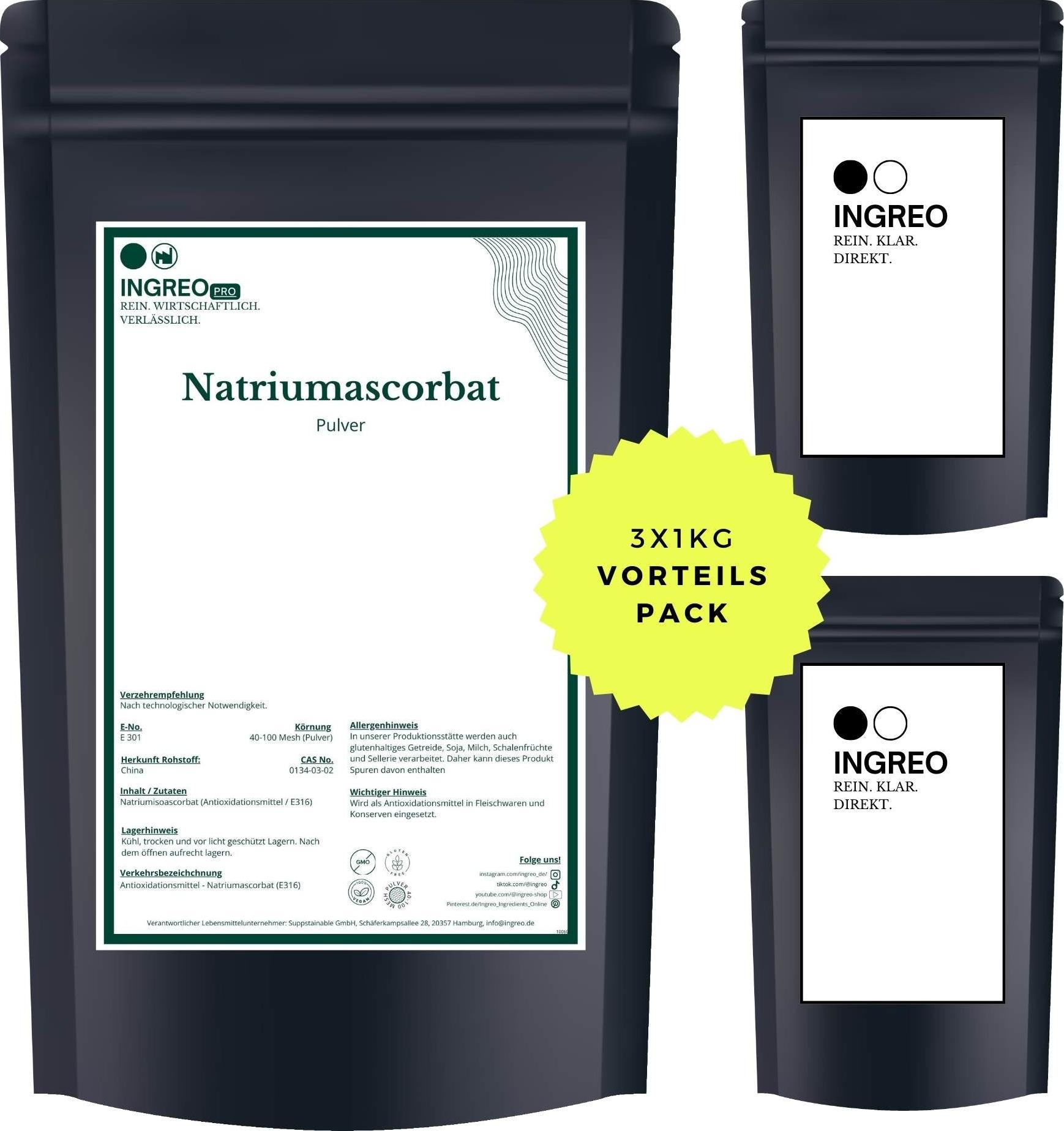 INGREO Essential Natriumascorbat Pulver (40-100 Mesh) – 3kg (3X1kg)